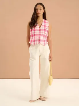 Cindy V Neck Check Print Waistcoat in Pink