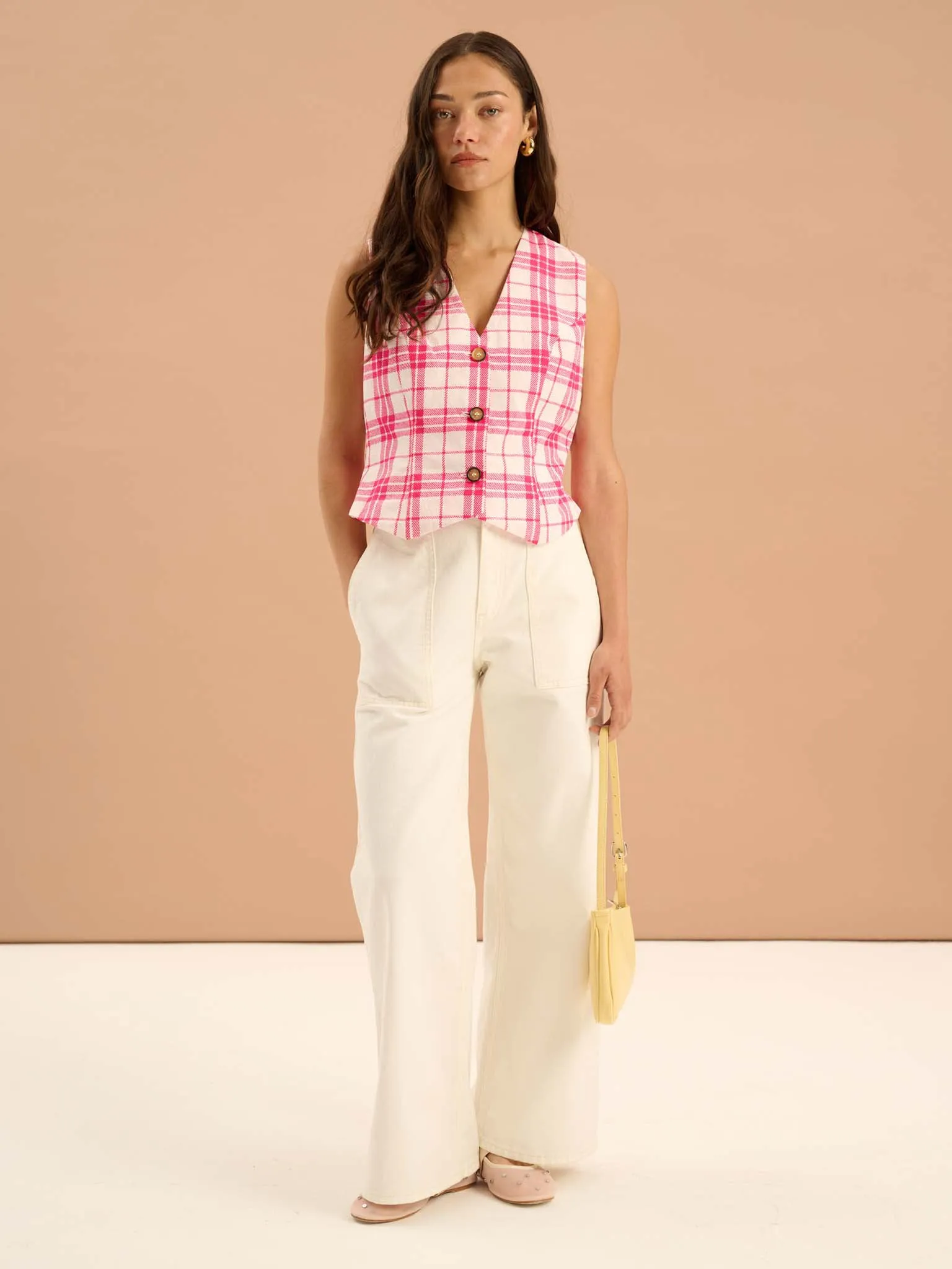 Cindy V Neck Check Print Waistcoat in Pink