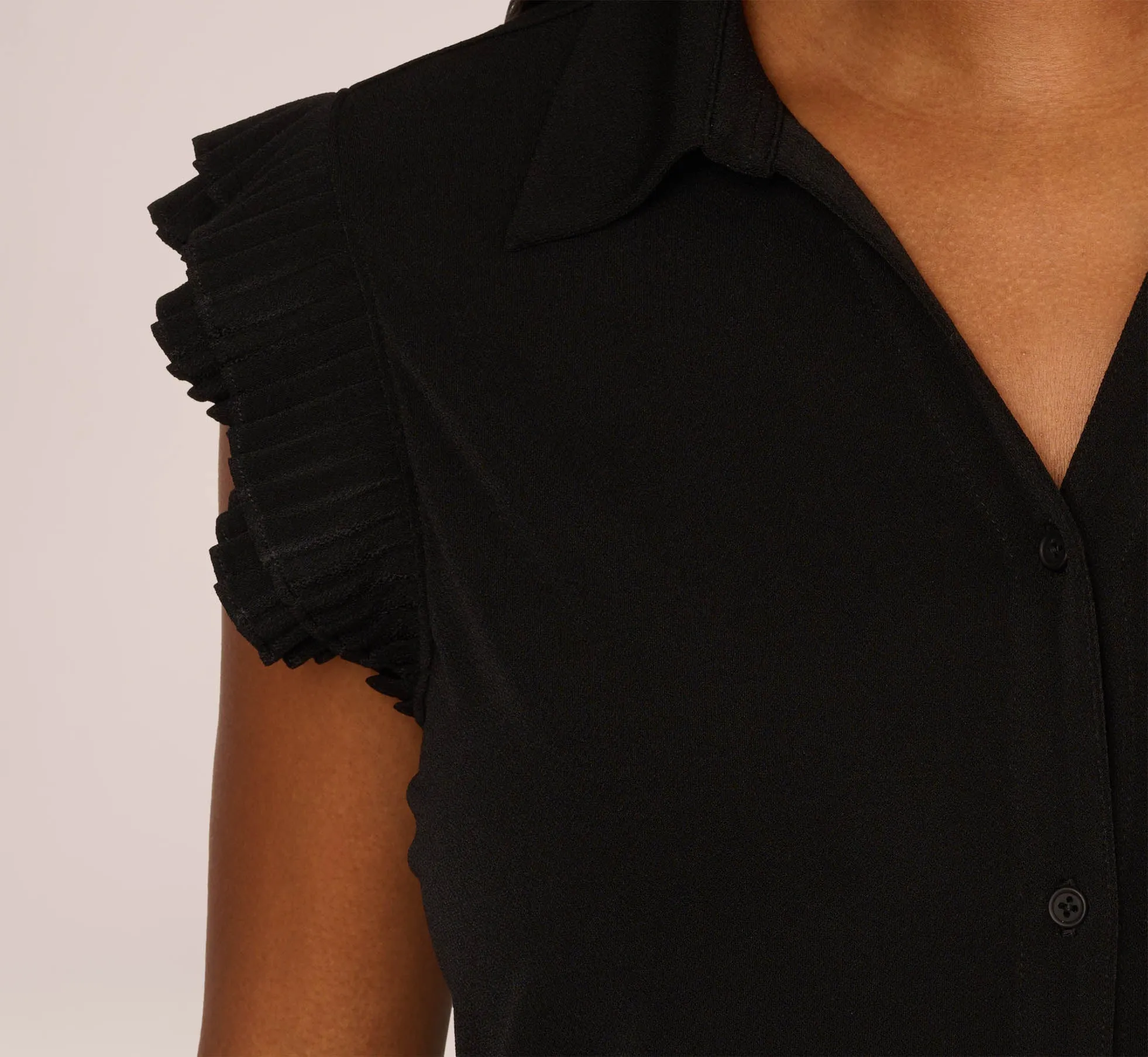 Collared Button Up Top With Flutter Sleeves In Black