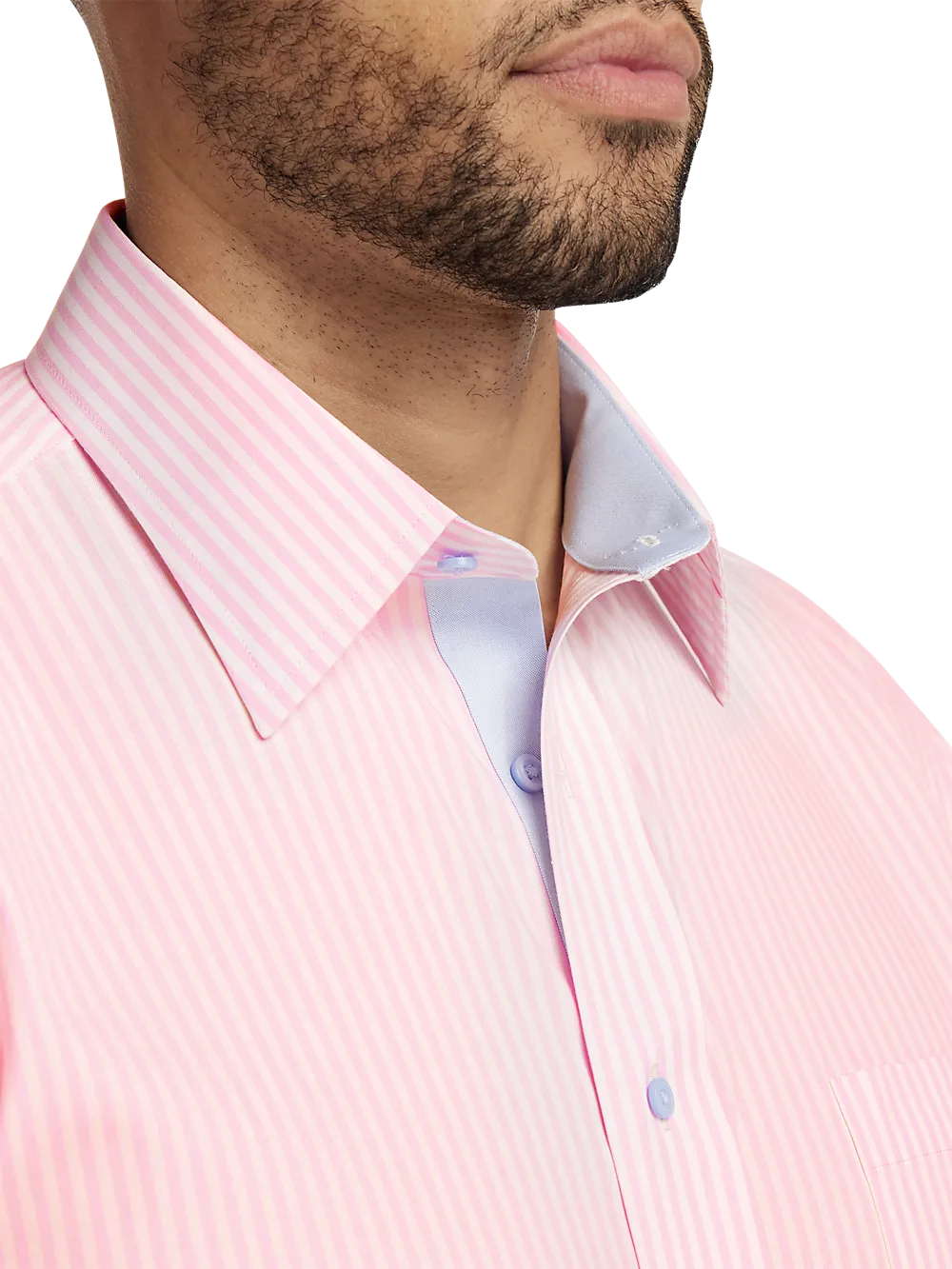 Comfort Stretch Non-Iron Stripe Dress Shirt With Contrast Trim - Pink