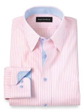 Comfort Stretch Non-Iron Stripe Dress Shirt With Contrast Trim - Pink