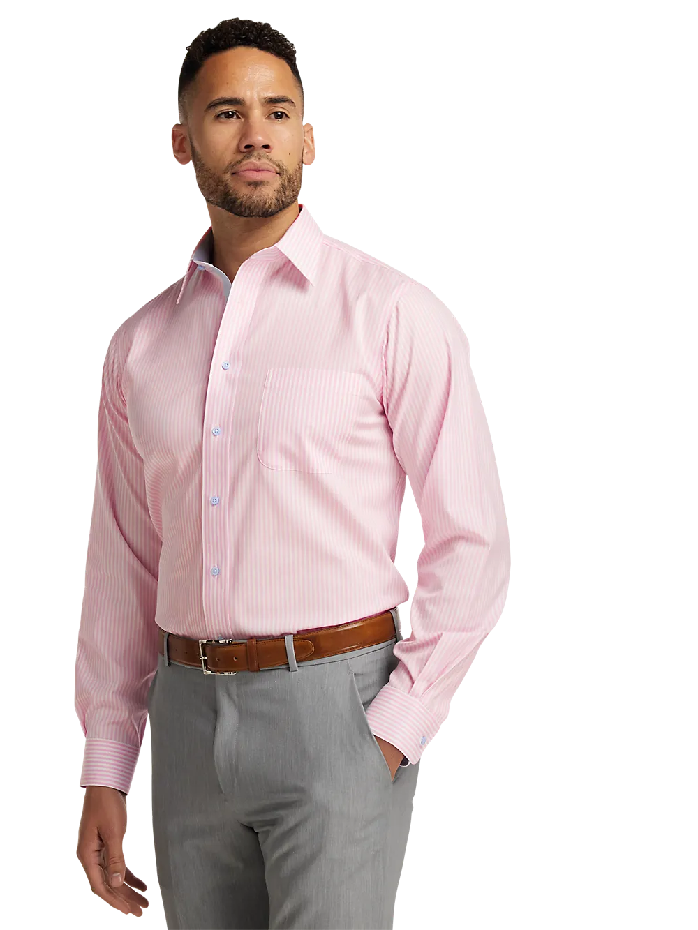 Comfort Stretch Non-Iron Stripe Dress Shirt With Contrast Trim - Pink