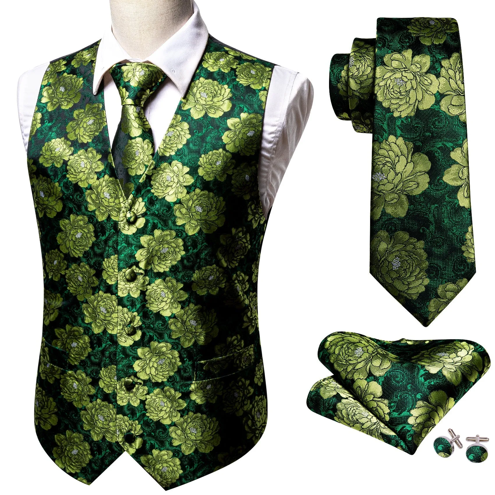 Dark Green Yellow Floral Jacquard Silk Men's Vest Hanky Cufflinks Tie Set