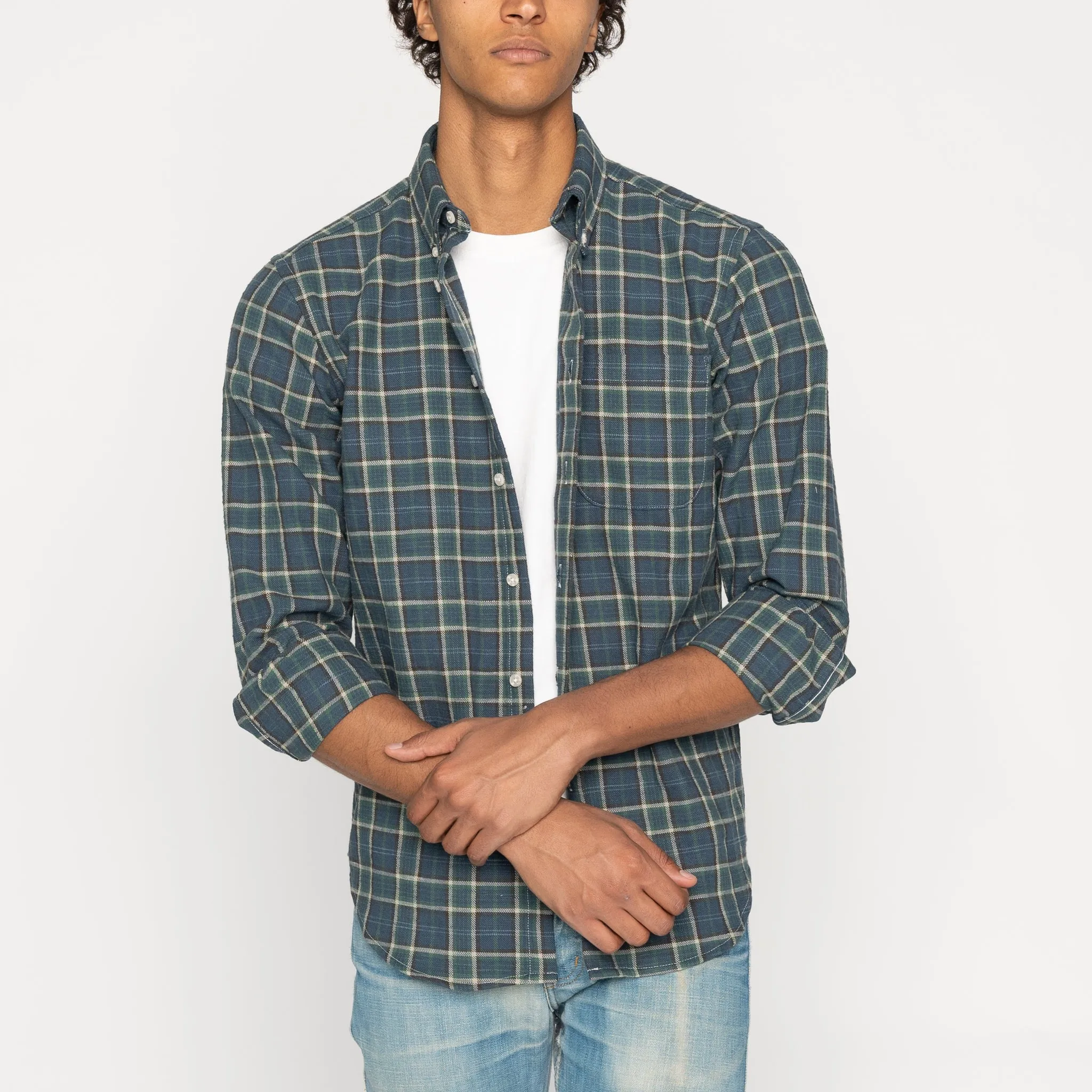 Easy Shirt - Big Slub Check Flannel - Navy   Green