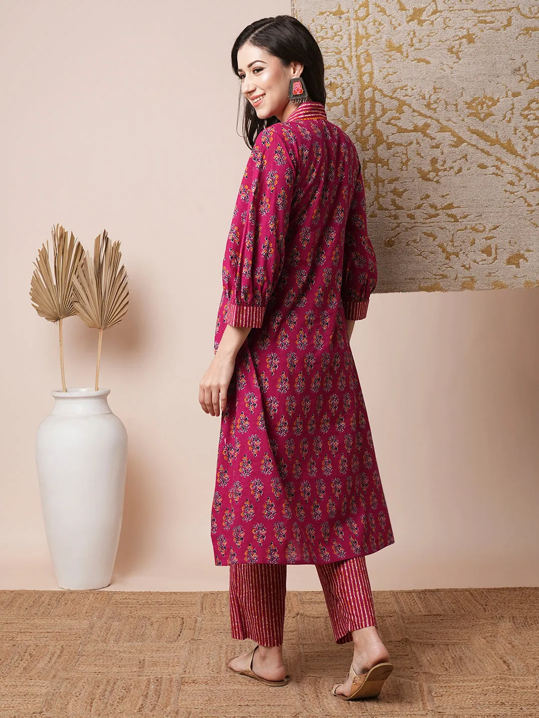 Ethnic Floral Printed A-Line Pleated Kurta with Pant - Magenta