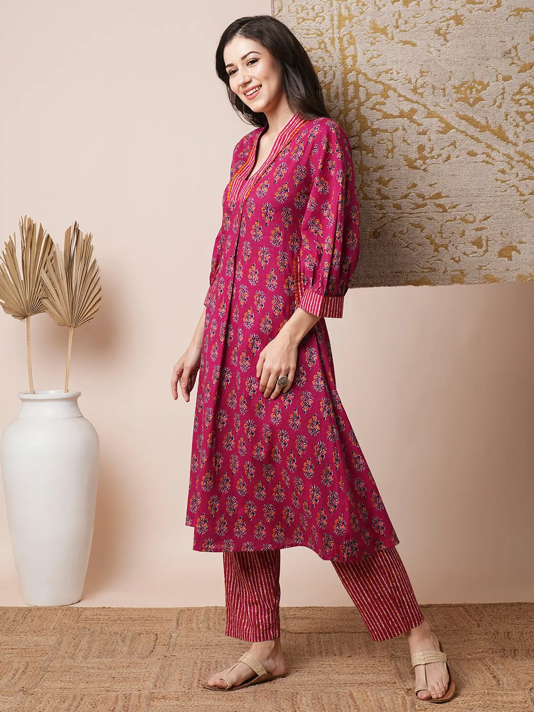 Ethnic Floral Printed A-Line Pleated Kurta with Pant - Magenta