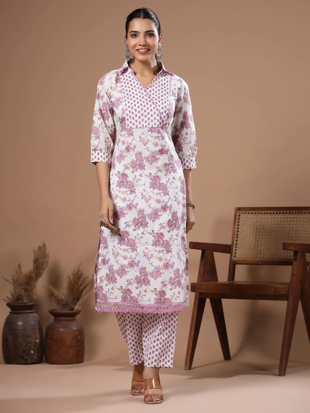 Ethnic Foil Printed & Sequin Embroidered Straight Kurta with Pant - Off White