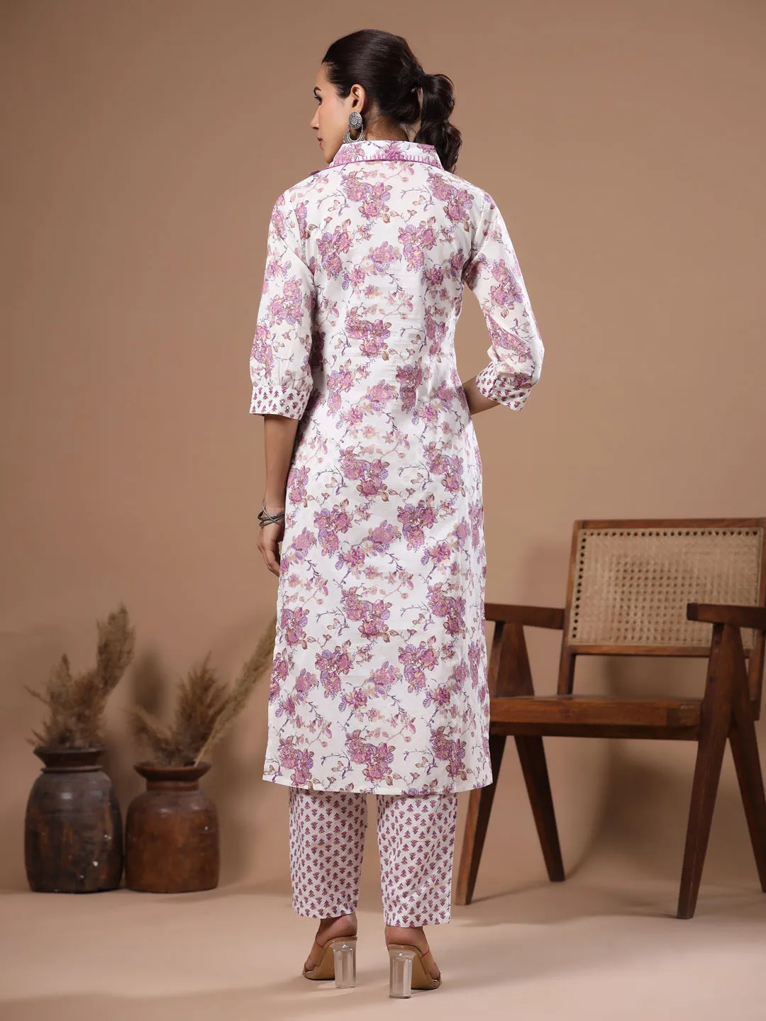 Ethnic Foil Printed & Sequin Embroidered Straight Kurta with Pant - Off White