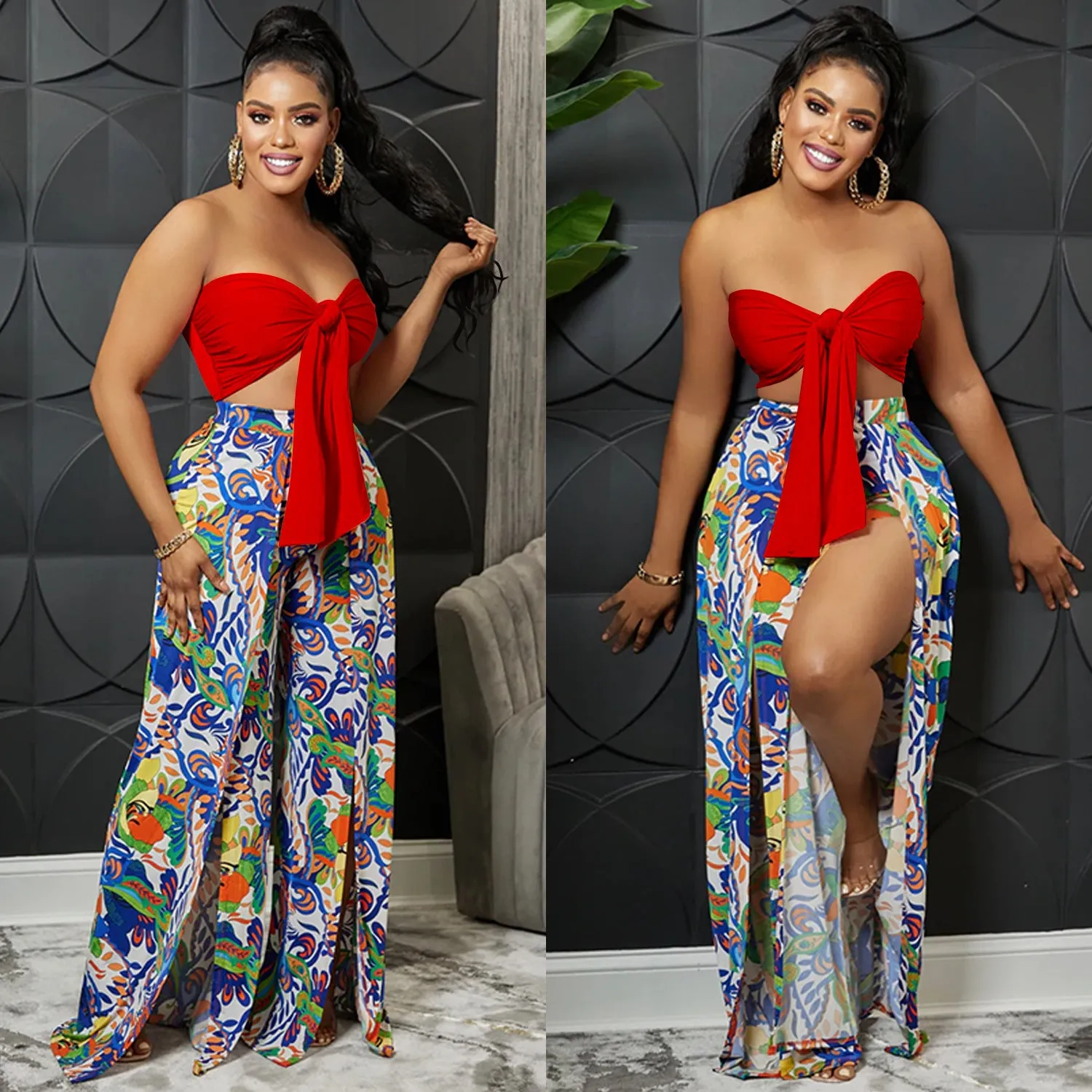 Fashion tube top backless slit trousers two-piece set（AY2233）