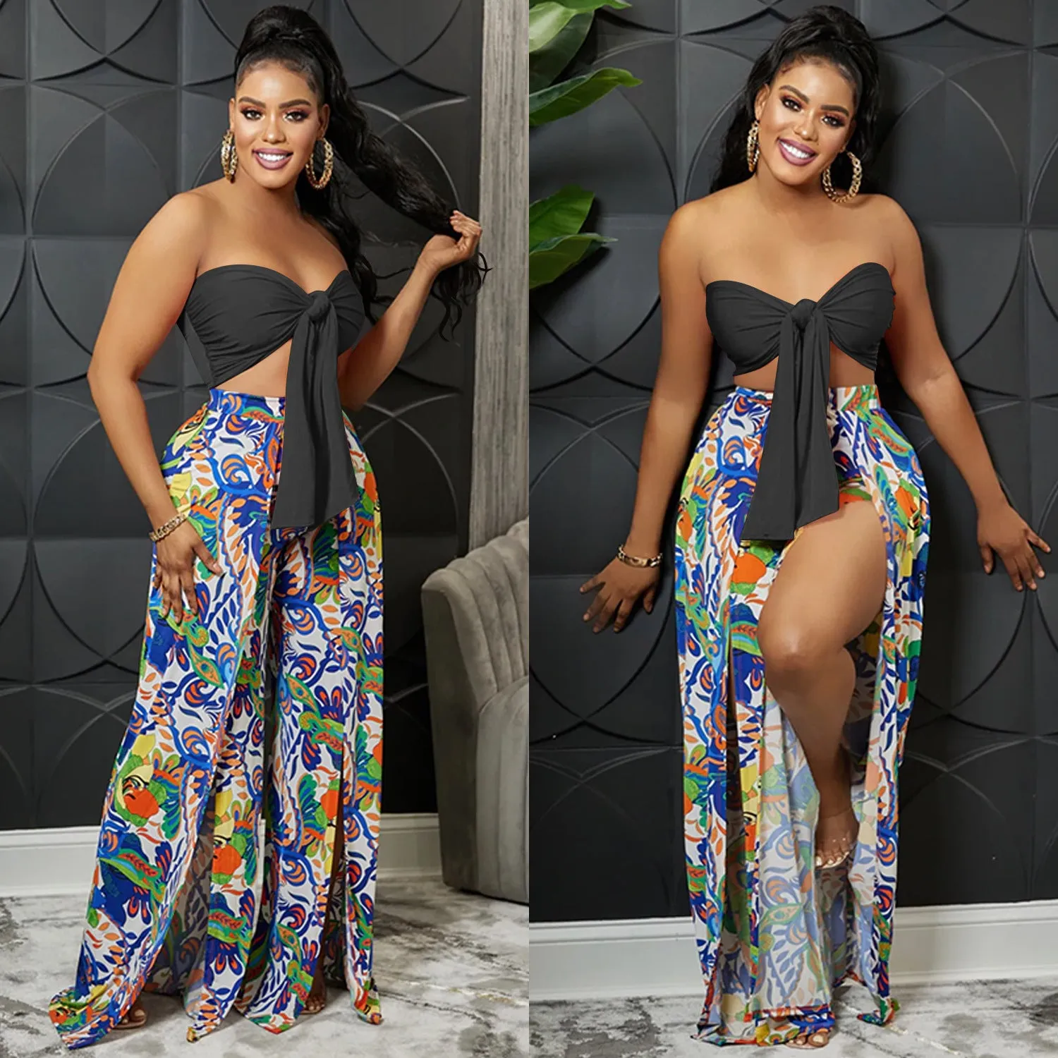 Fashion tube top backless slit trousers two-piece set（AY2233）