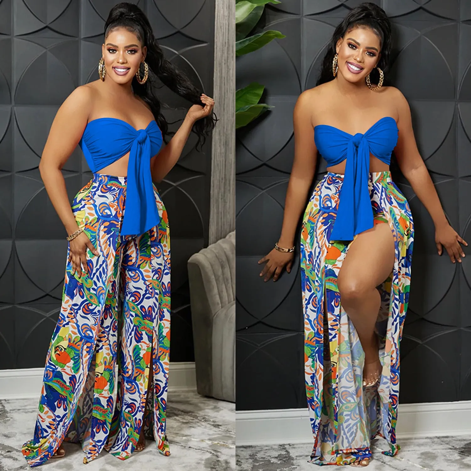 Fashion tube top backless slit trousers two-piece set（AY2233）