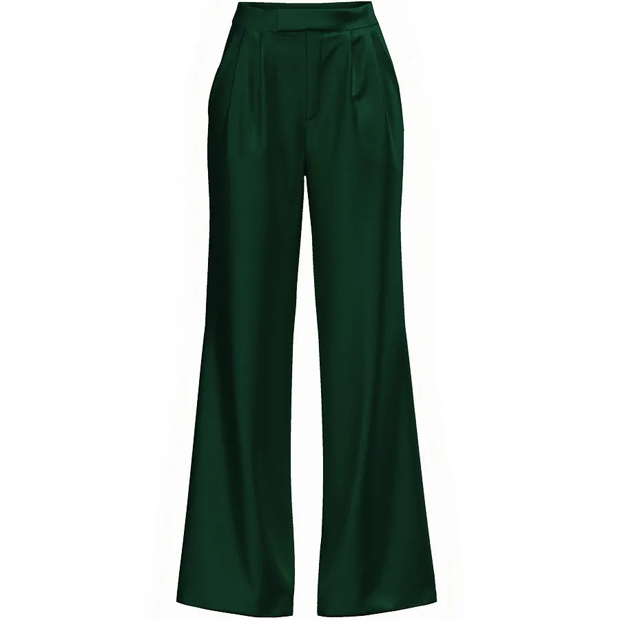 FLARED SATIN SILK TROUSER IN DARK GREEN