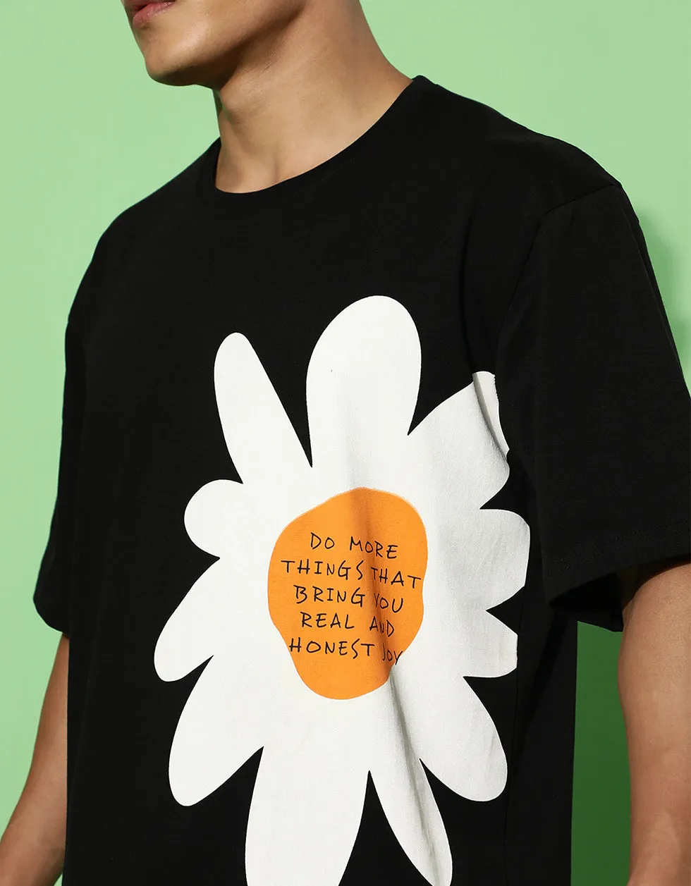 Flower Black Oversized Placement Graphic Printed Tshirt