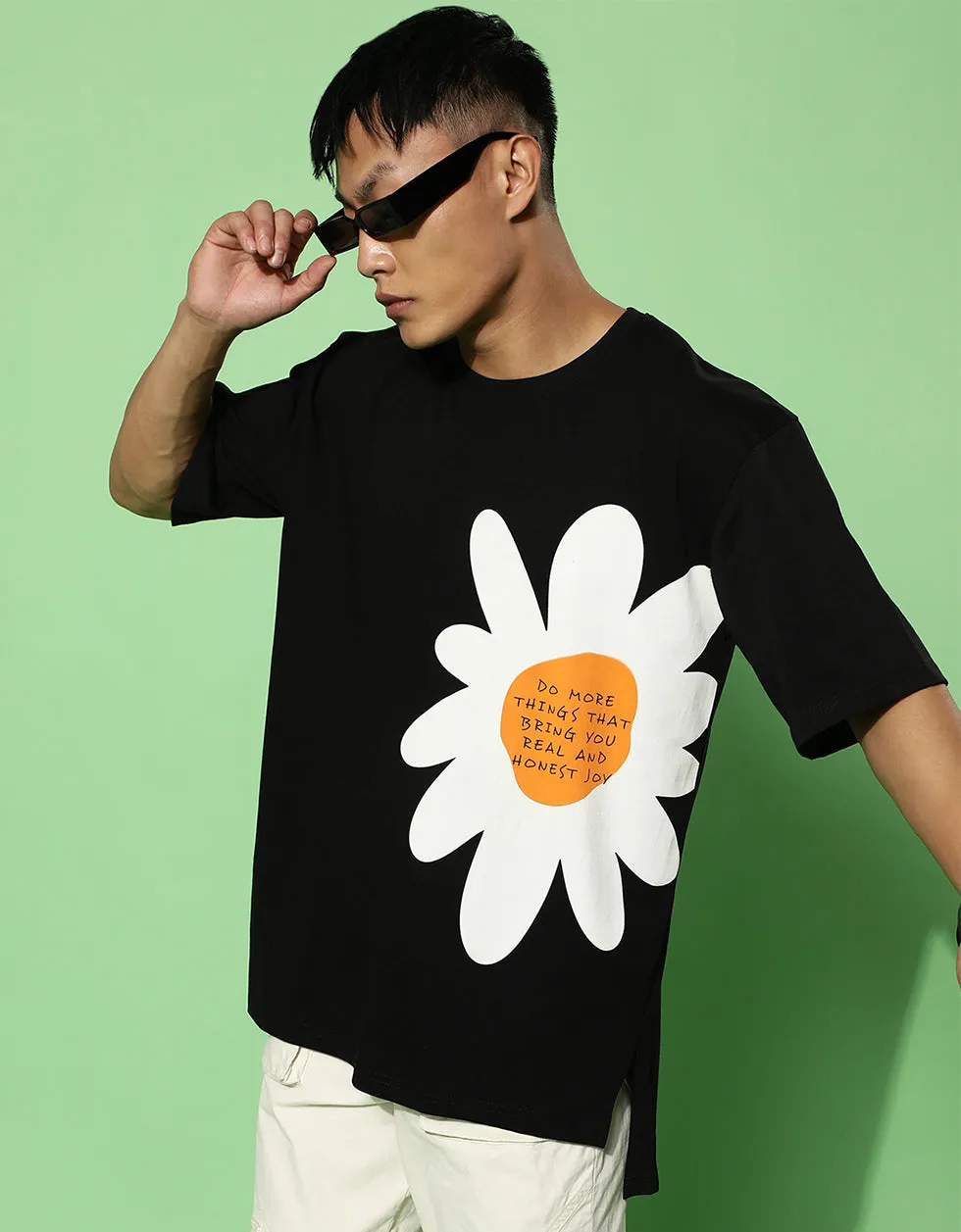 Flower Black Oversized Placement Graphic Printed Tshirt