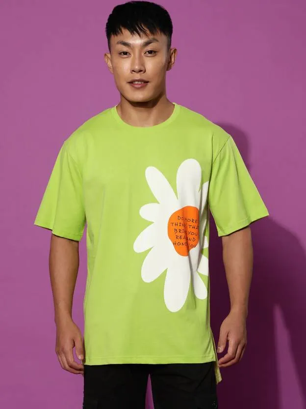 Flower Lime Green Oversized Placement Graphic Printed Tshirt