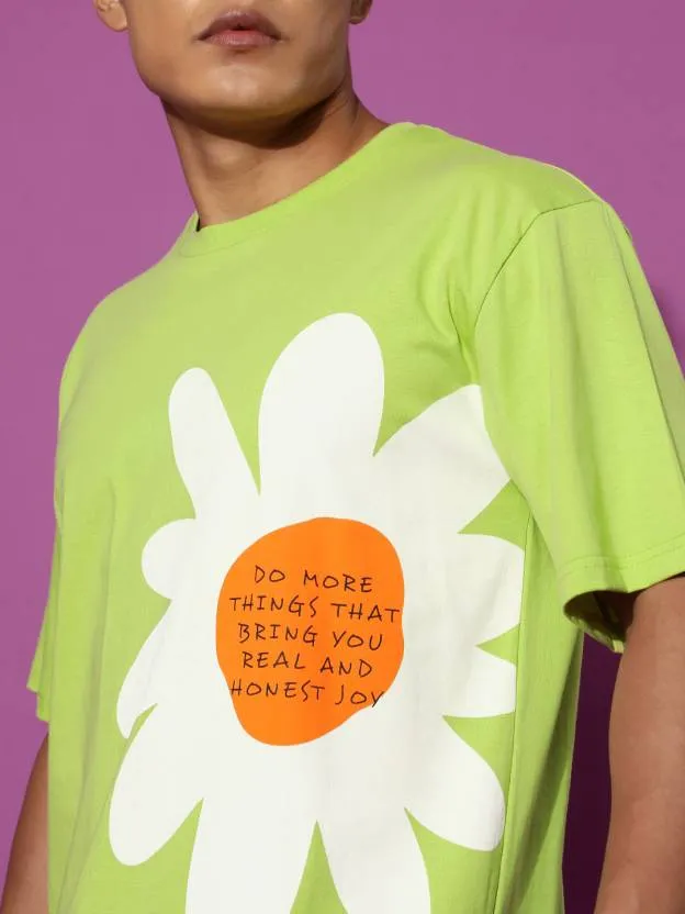 Flower Lime Green Oversized Placement Graphic Printed Tshirt