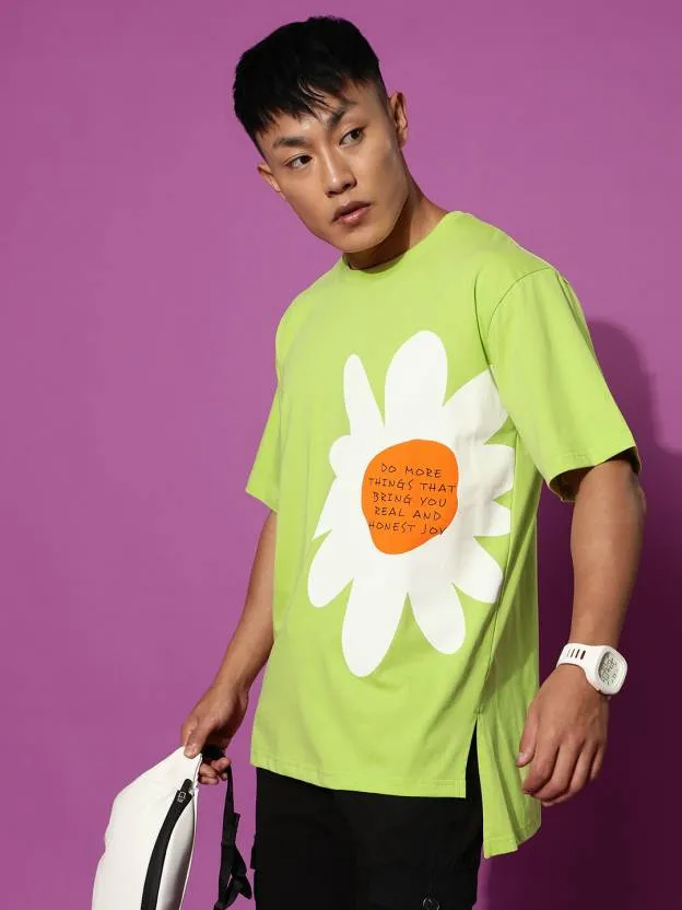 Flower Lime Green Oversized Placement Graphic Printed Tshirt