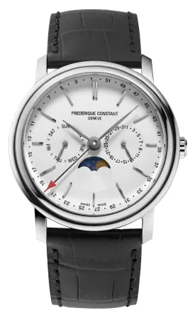 Frederique Constant Classics Index Business Timer Stainless Steel Silver Dial Black Leather Strap Day/Date/Week Moonphase Quartz Mens Watch FC-270SW4P26