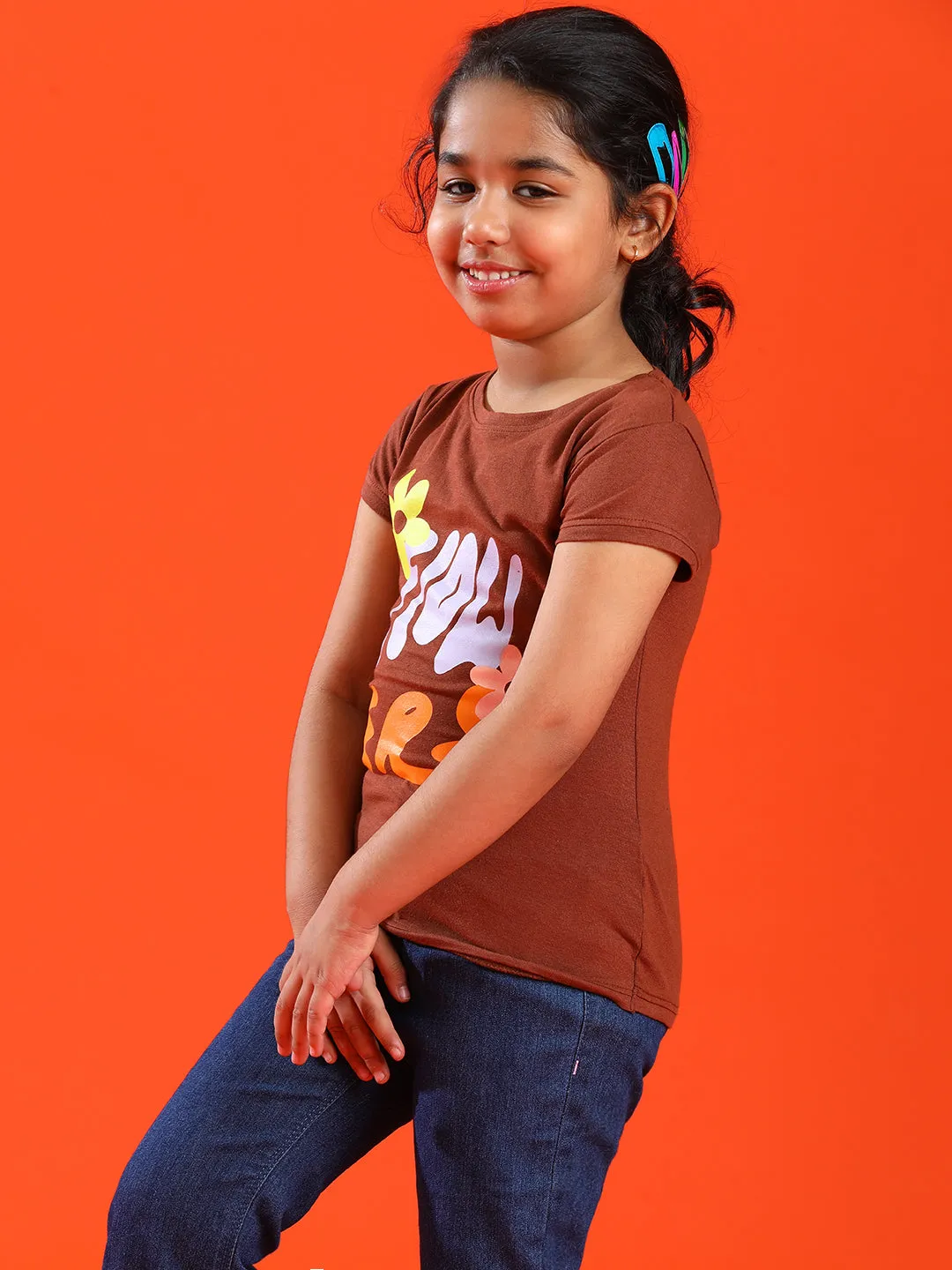 Girls Brown Lycra Printed Slim Fit T-shirt