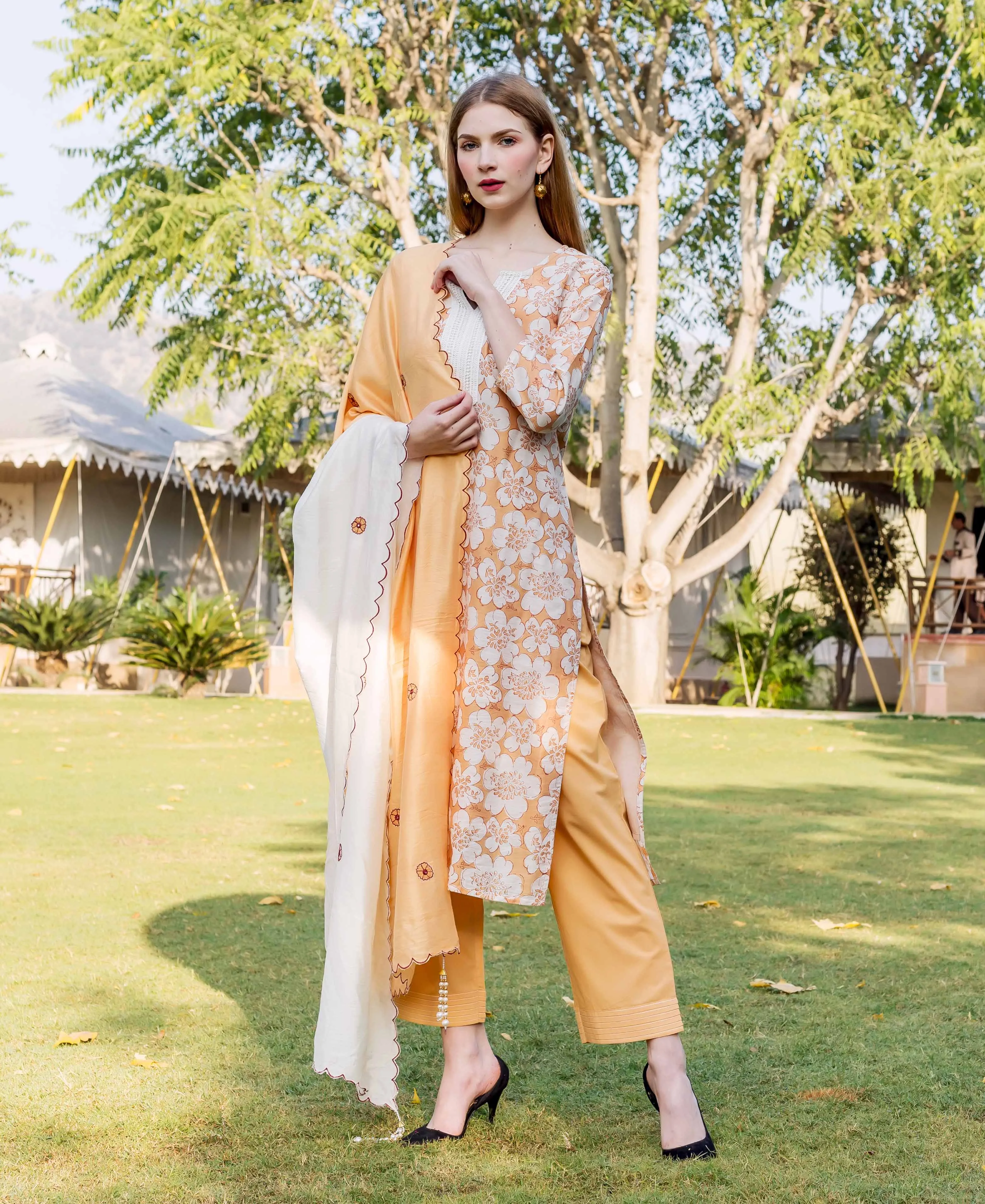 Golden Yellow Block Printed Chanderi Kurta