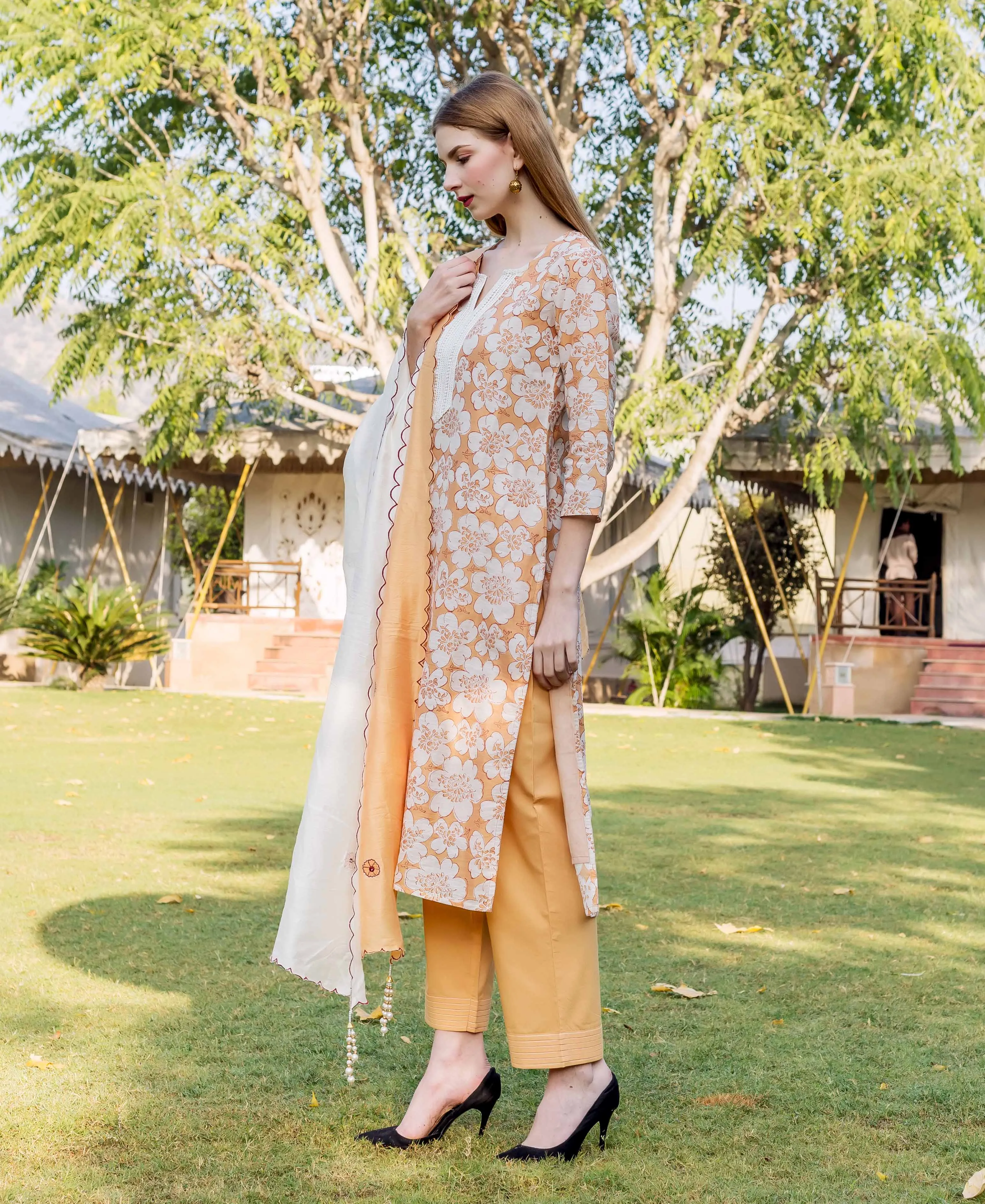 Golden Yellow Block Printed Chanderi Kurta