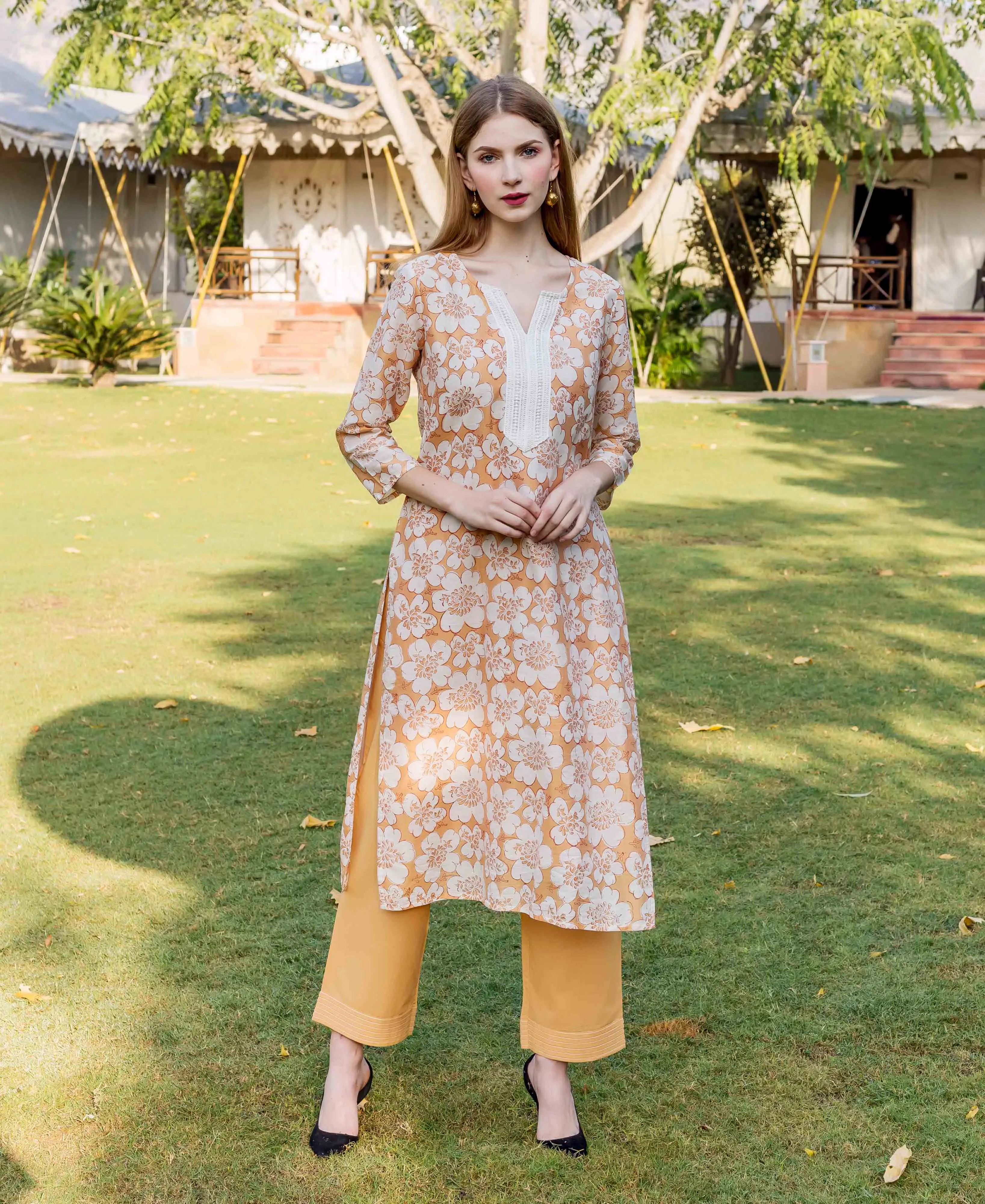 Golden Yellow Block Printed Chanderi Kurta