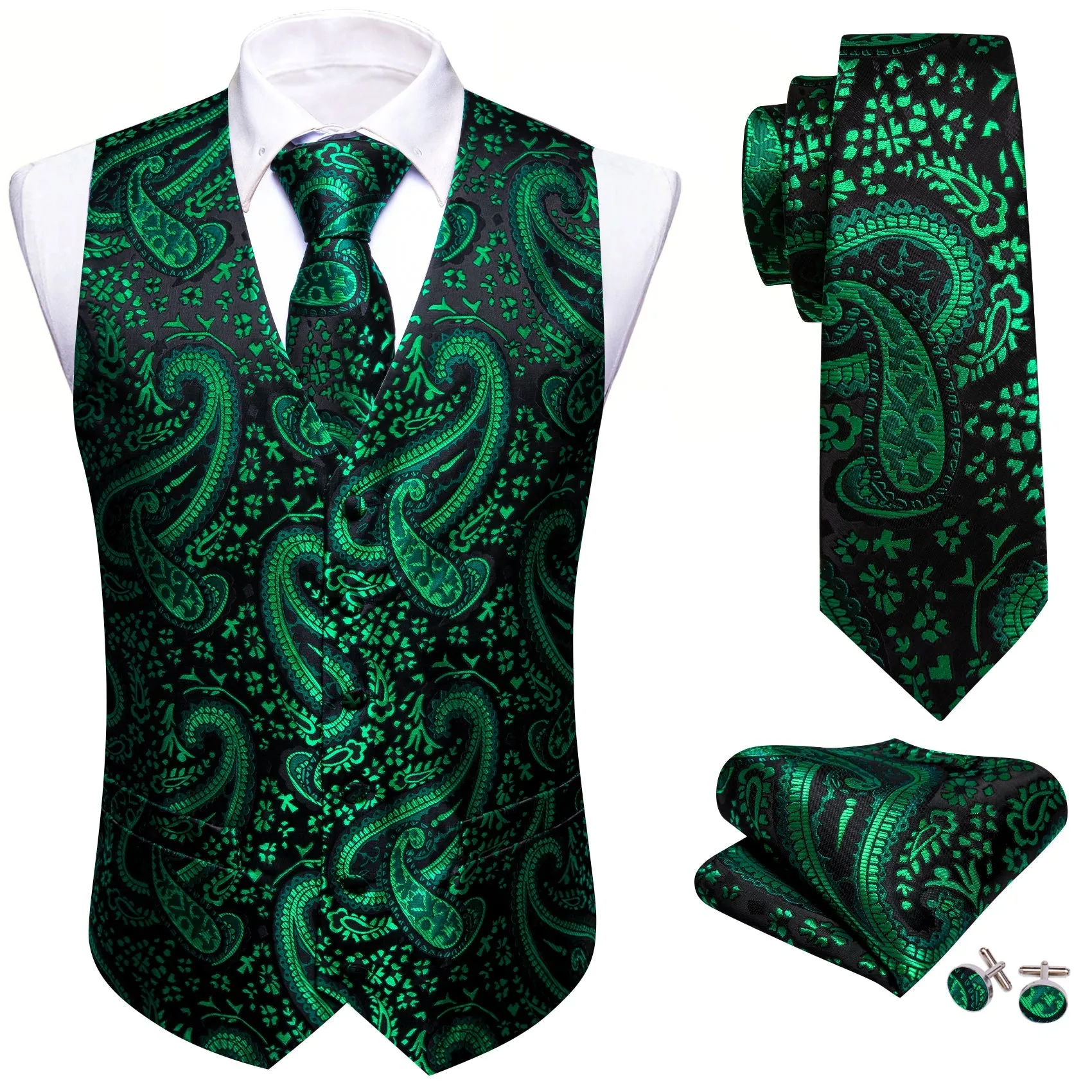 Green Black Paisley Silk Men's Vest Hanky Cufflinks Tie Set