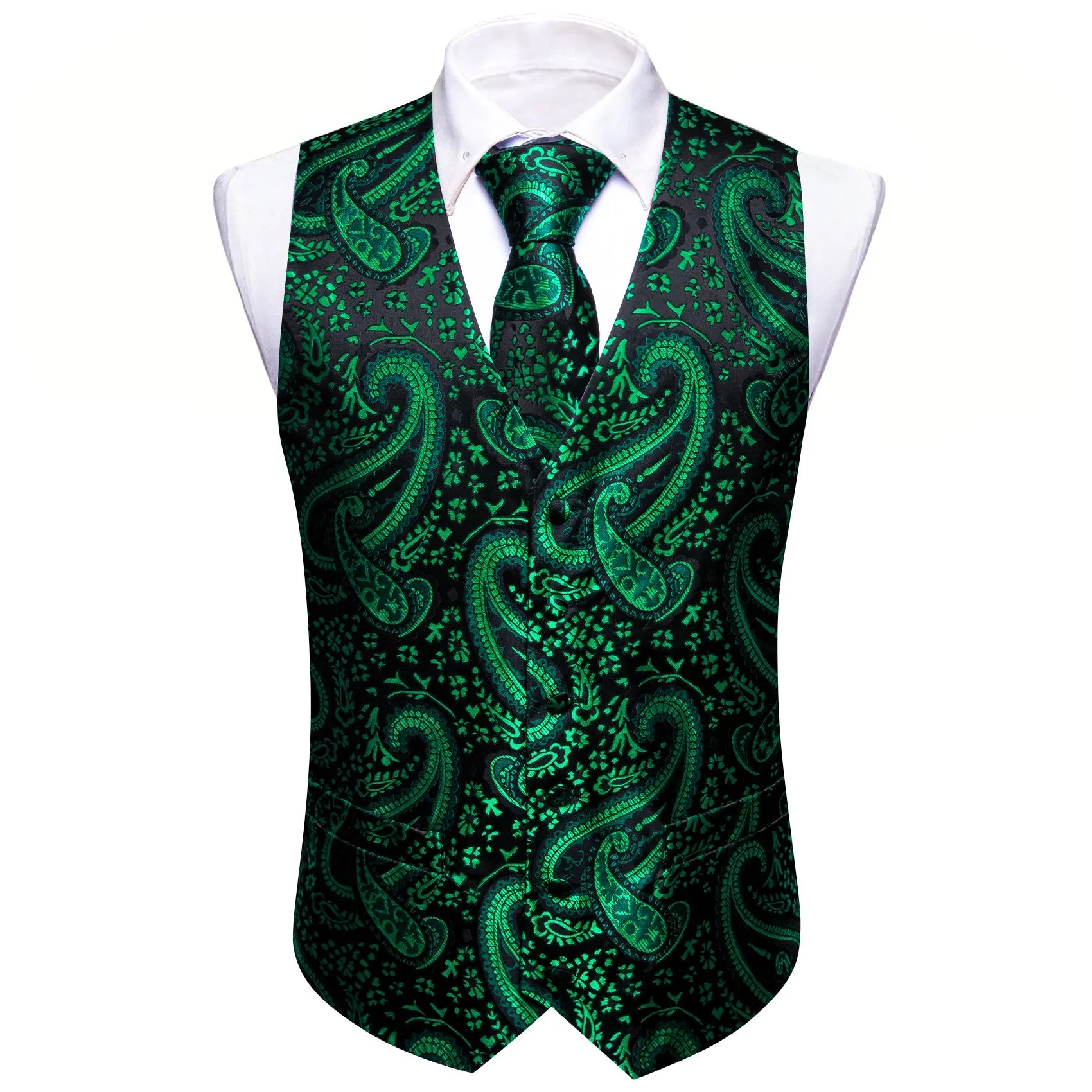 Green Black Paisley Silk Men's Vest Hanky Cufflinks Tie Set