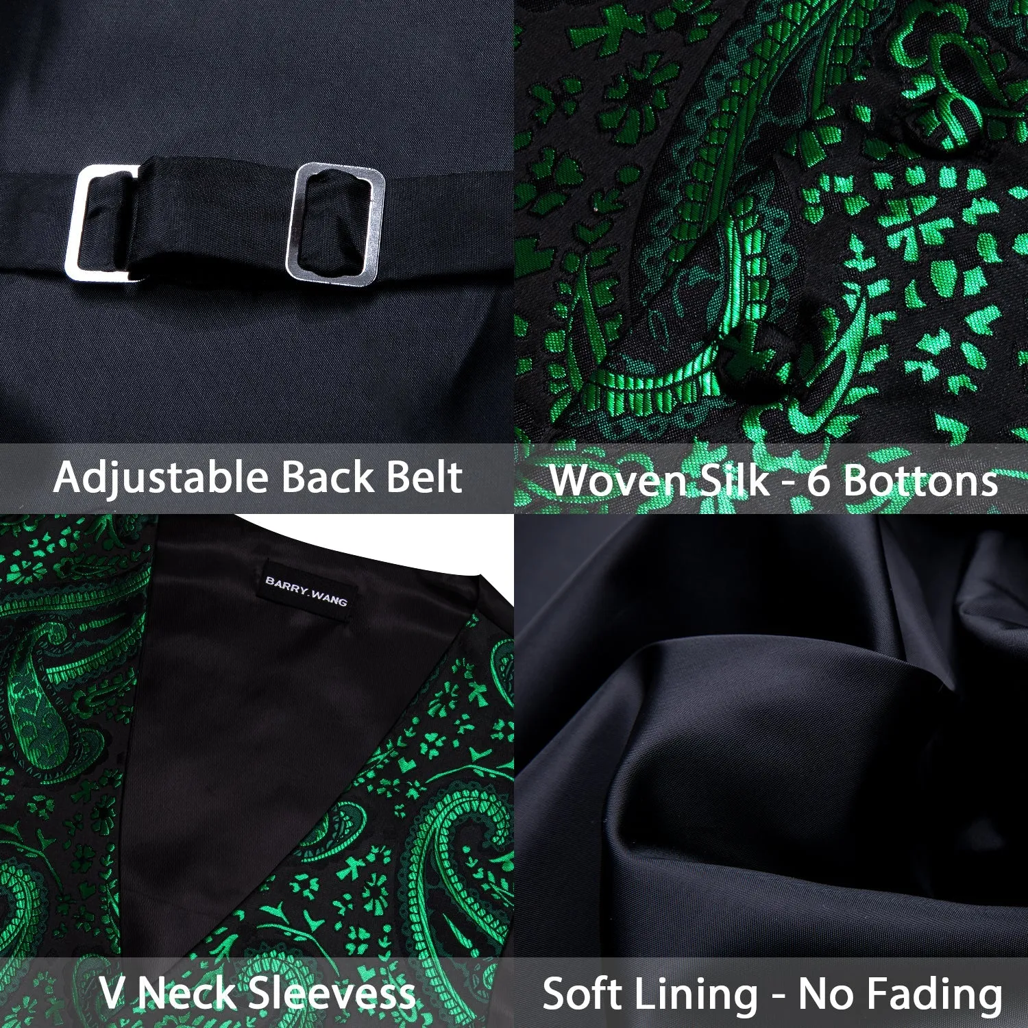 Green Black Paisley Silk Men's Vest Hanky Cufflinks Tie Set