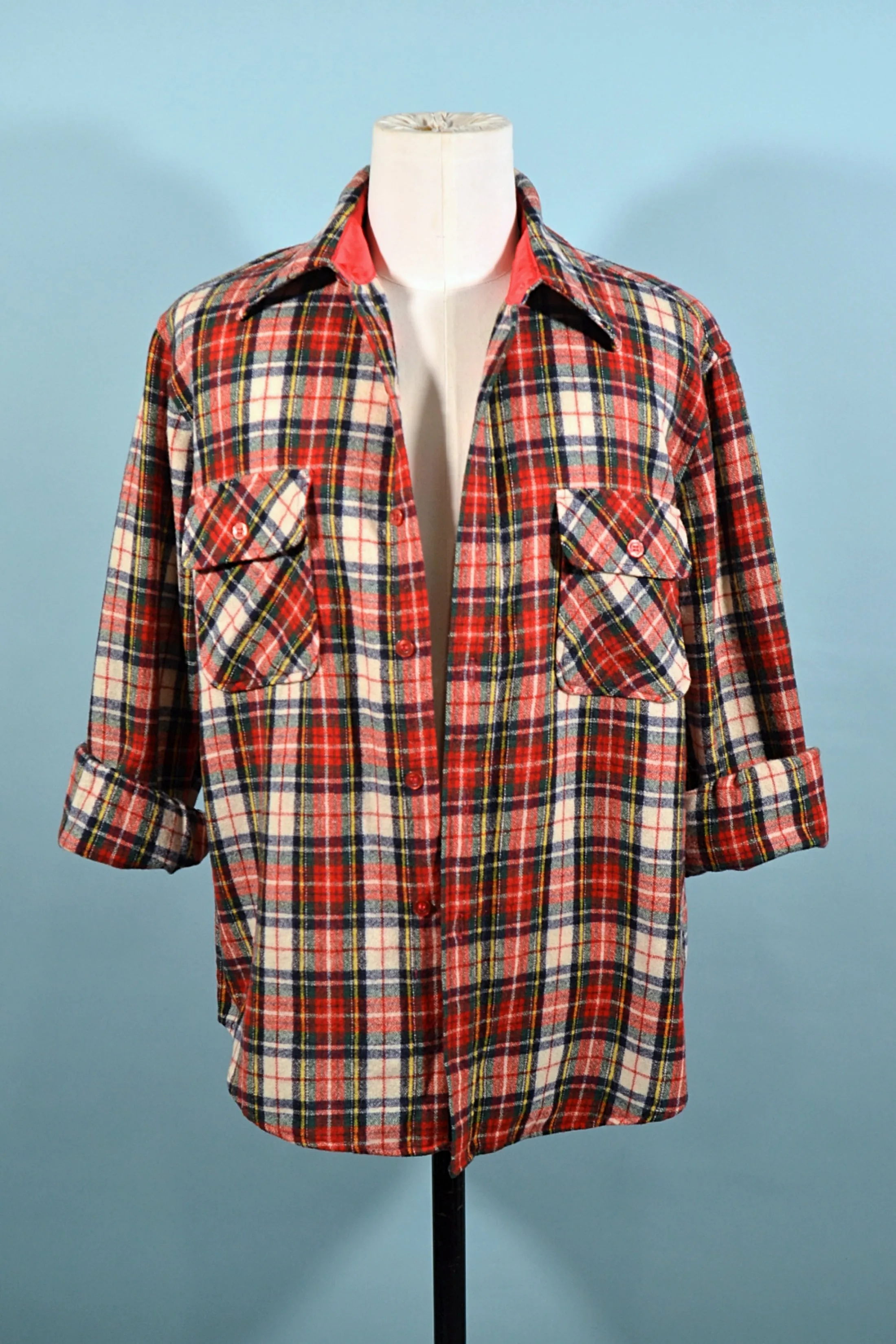 JC Pennys Vintage 60s/70s Wool Tartan Plaid Shirt, Buttoned Pocket Board Shirt L