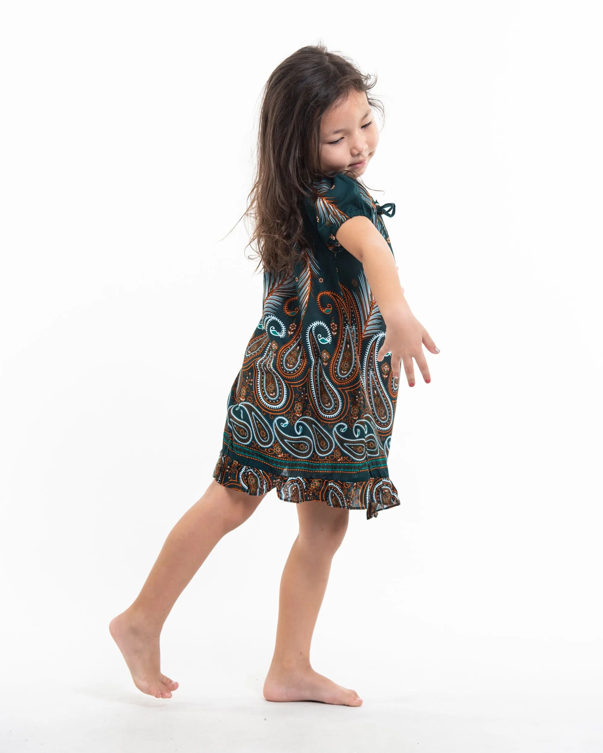 Kids Paisley Feathers Dress in Green