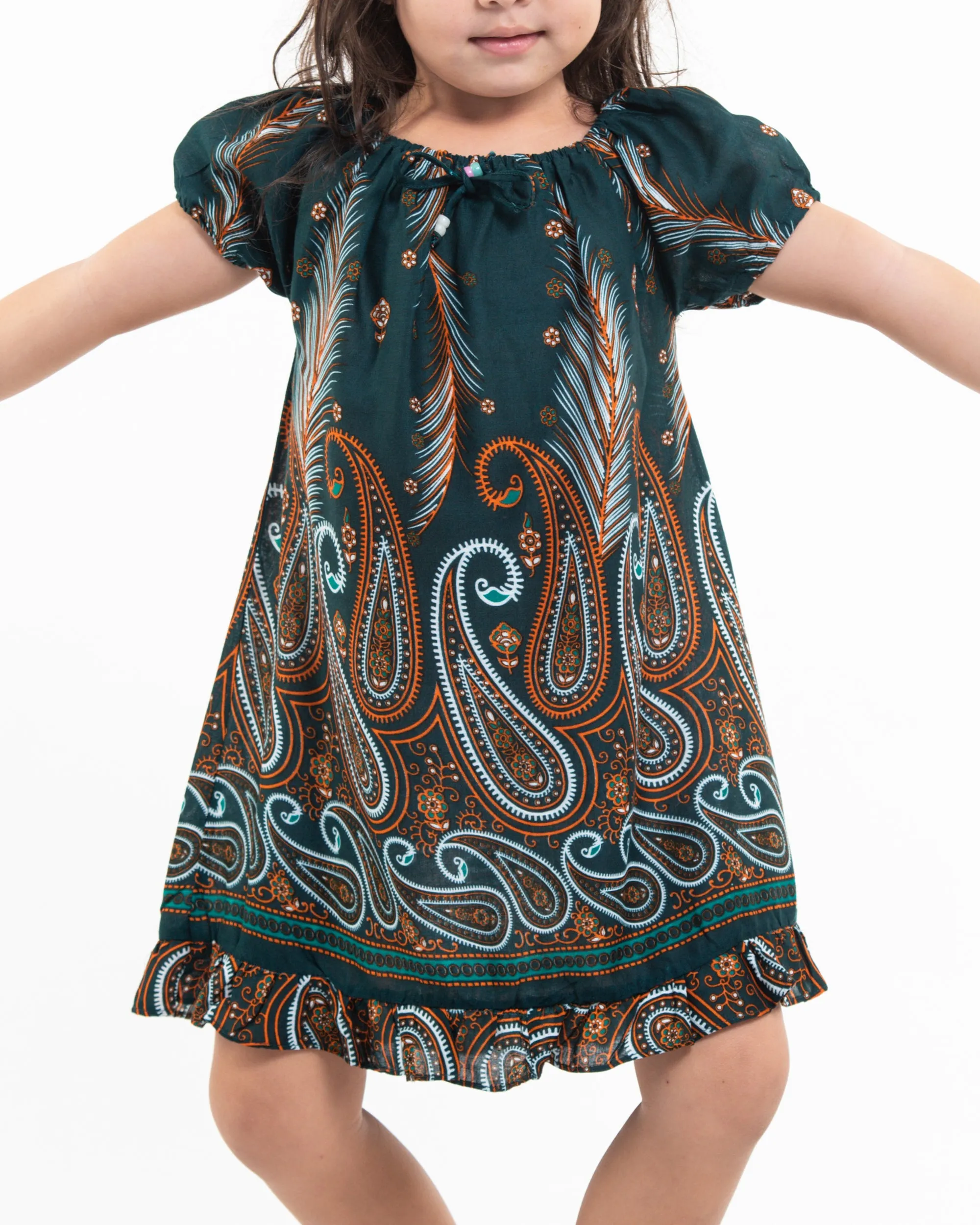 Kids Paisley Feathers Dress in Green