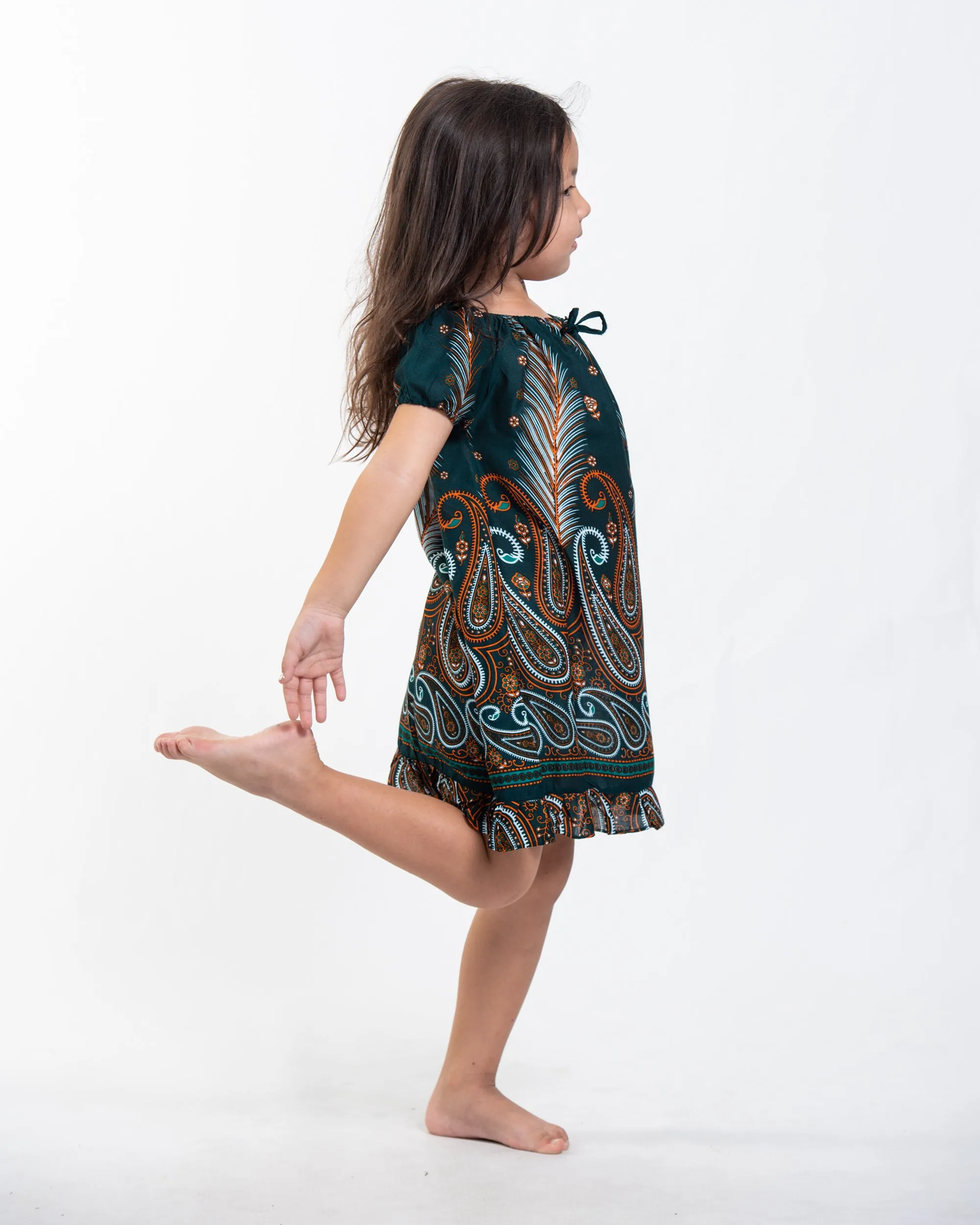 Kids Paisley Feathers Dress in Green