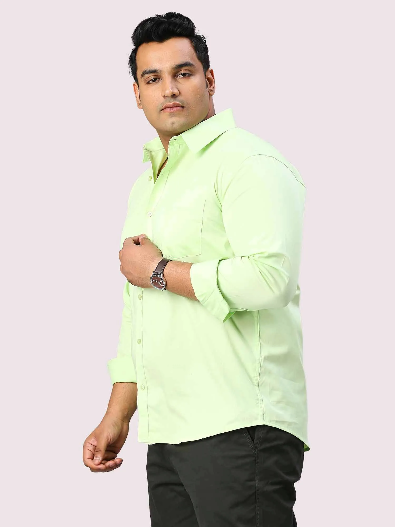 Lemon Green Solid Pure Cotton Full Sleeve Shirt Men's Plus Size