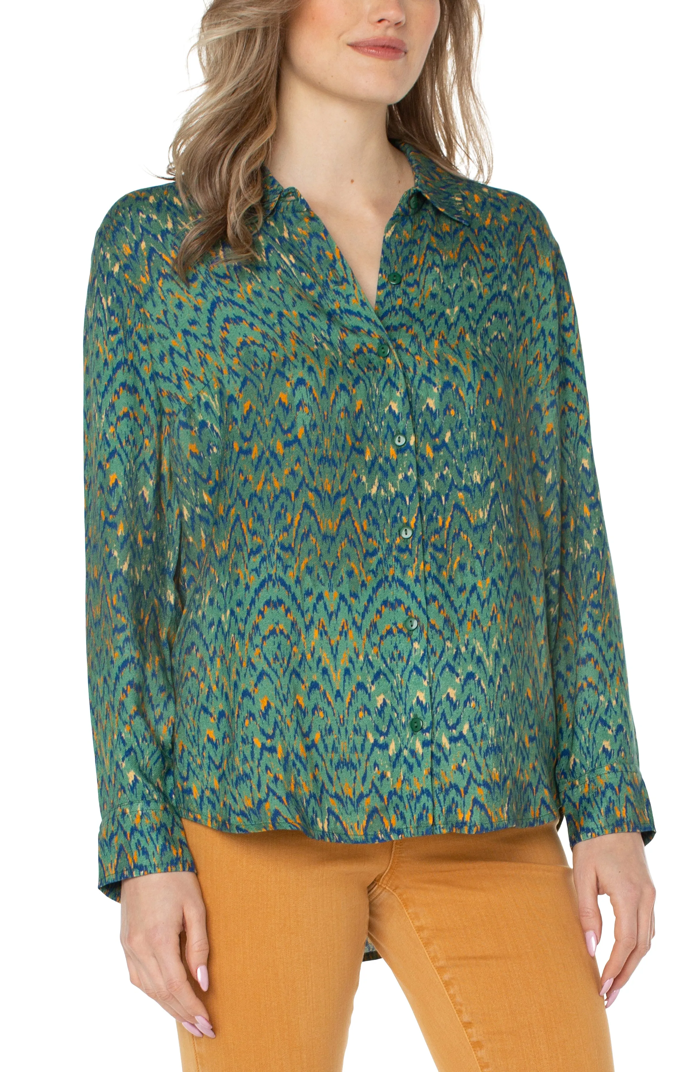 Liverpool Button Up Woven Blouse (Emerald Ikat)