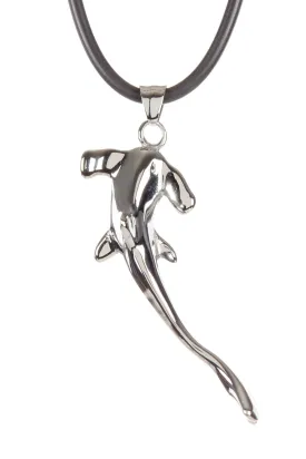 Mens Black Leather Stainless Steel Hammerhead Shark Pendant