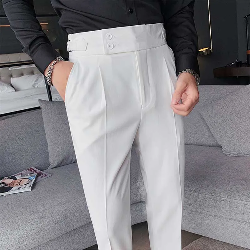 Men's Business High Waist Pants Casual Retro Slim Fit Trousers