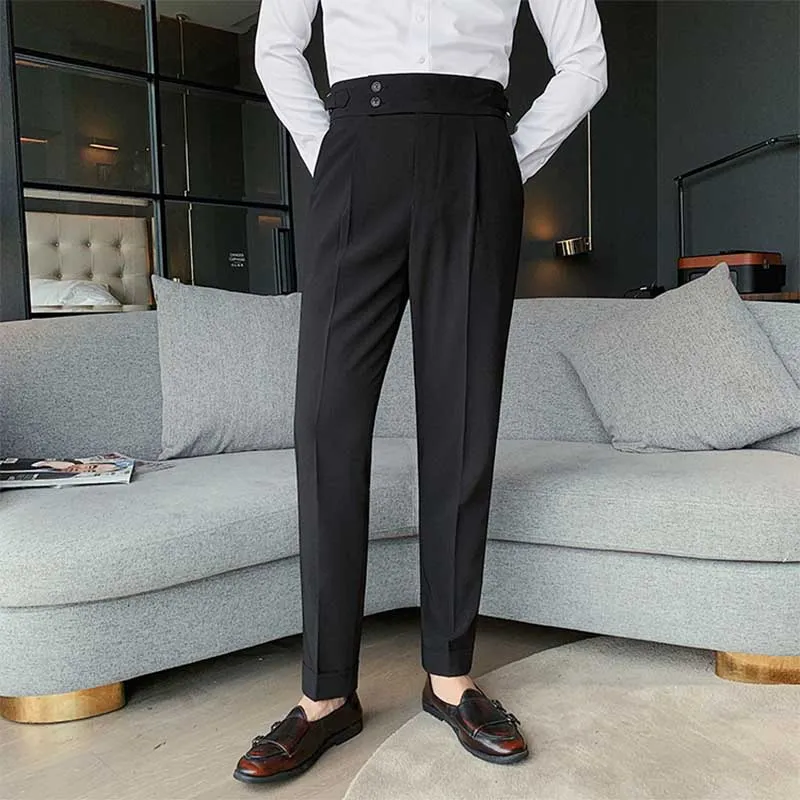 Men's Business High Waist Pants Casual Retro Slim Fit Trousers