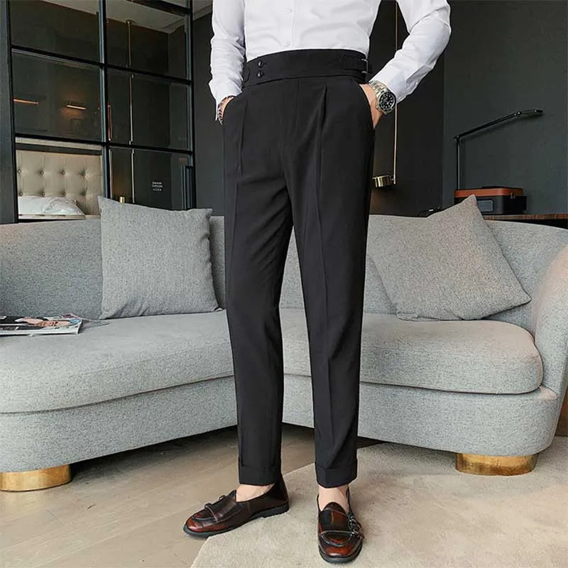 Men's Business High Waist Pants Casual Retro Slim Fit Trousers