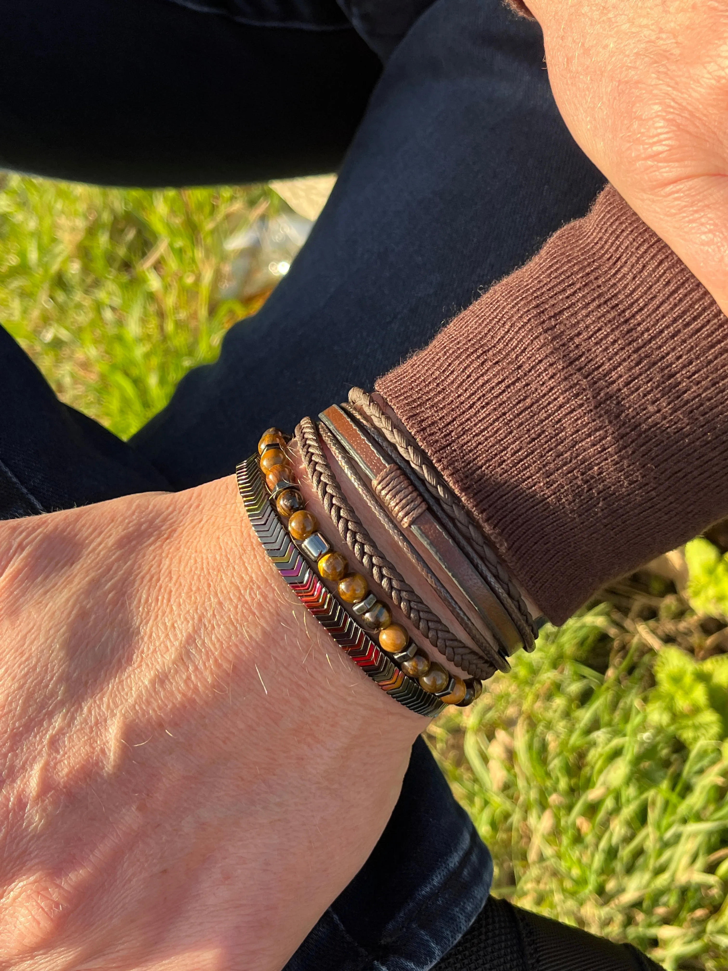 Men’s Natural Stone Beaded Bracelet, Set of 3 Bracelets with Gemstone Hematite Beaded Bracelet, Tiger Eye Bracelet, Leather Bracelet