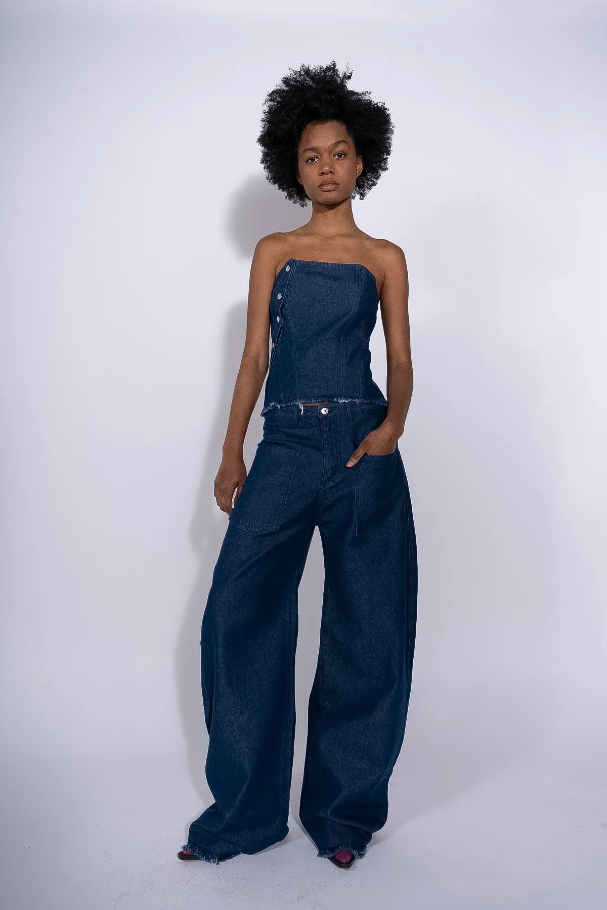 NAVY DENIM PATCH POCKET BOYFRIEND TROUSERS