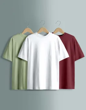 Pack of 3 Solid Oversized T-shirts: White, Maroon , Foggreen