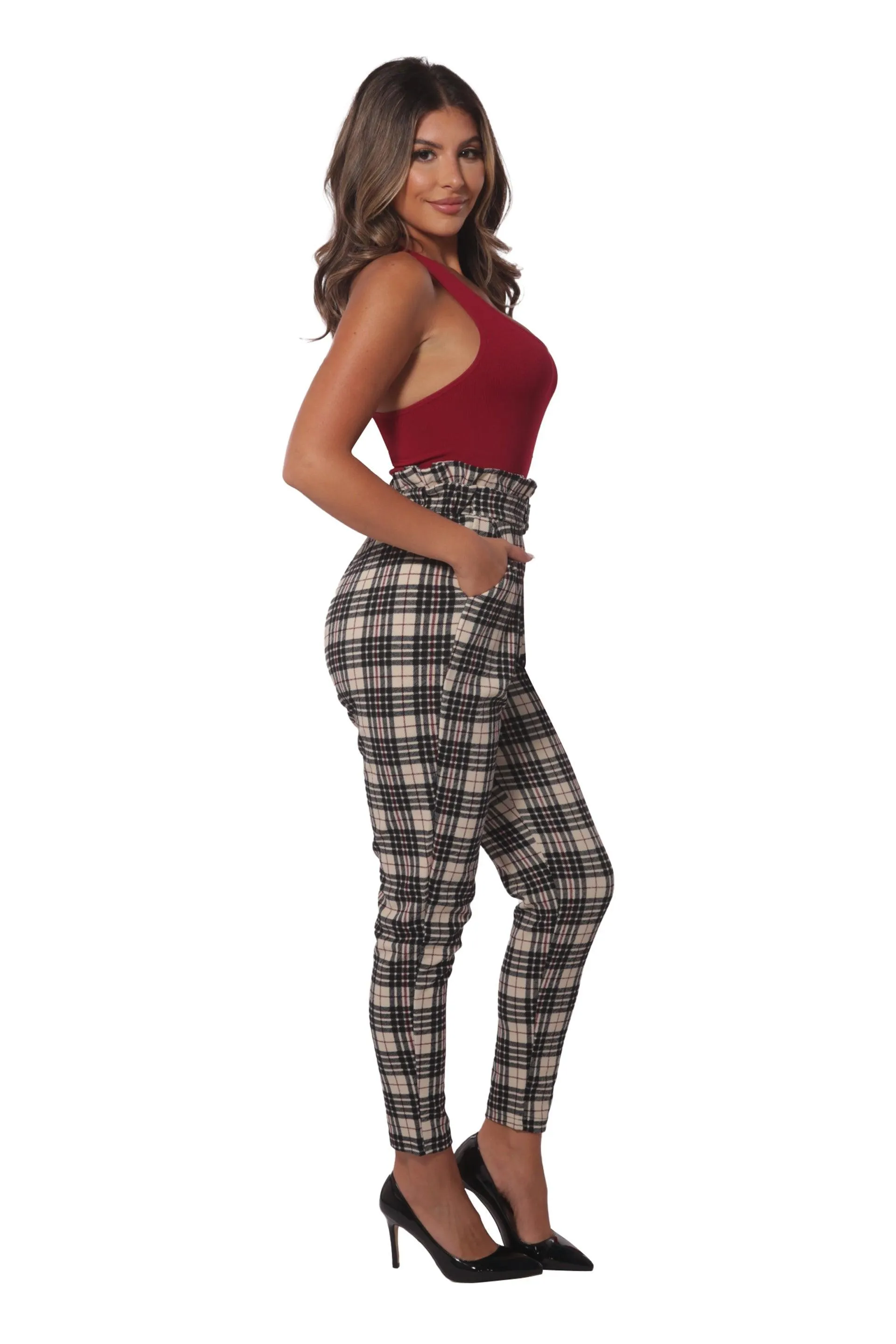 Paperbag Waist Knit Crepe Pleat Pants With Buckle Belt - Cream, Black, Red Plaid