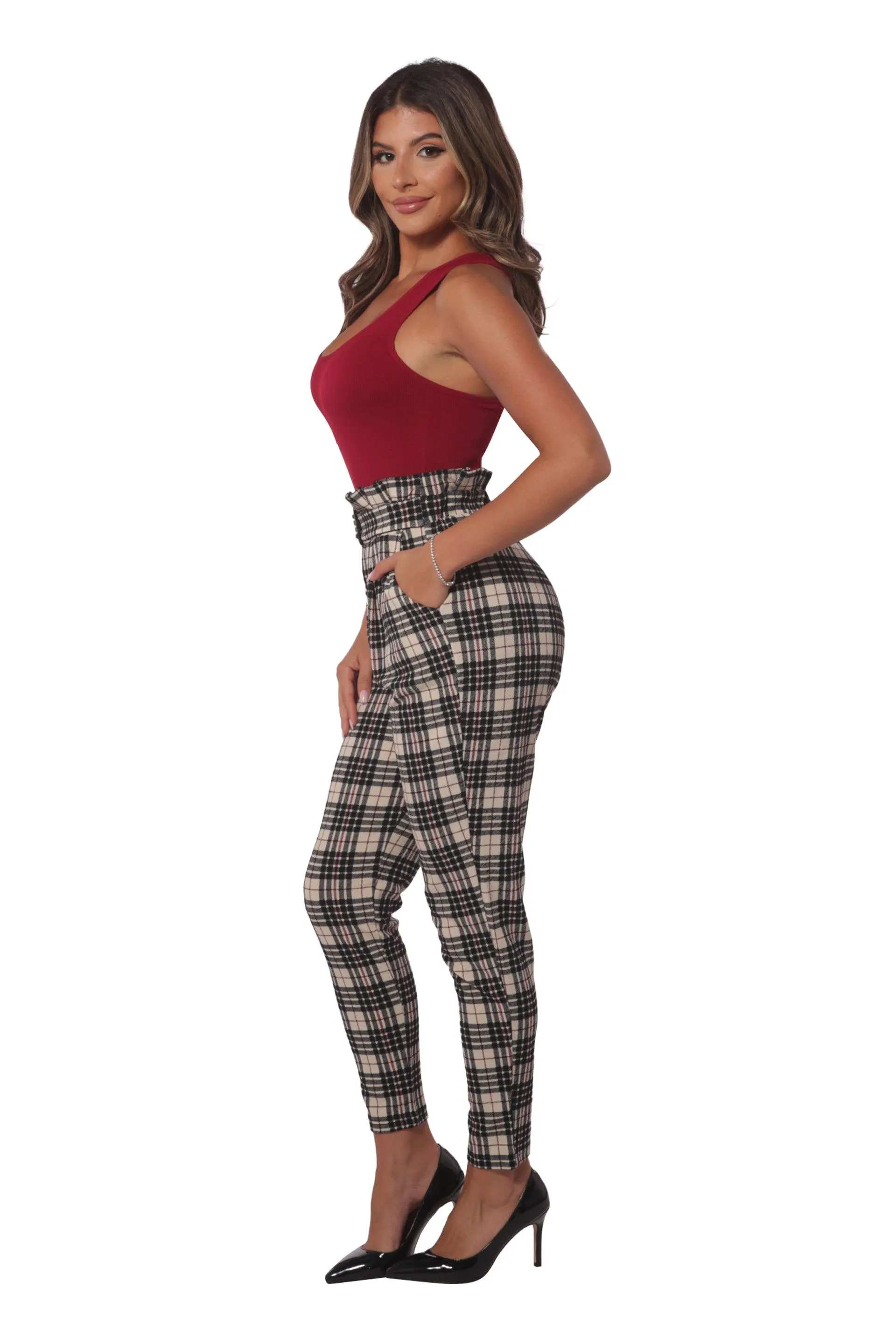 Paperbag Waist Knit Crepe Pleat Pants With Buckle Belt - Cream, Black, Red Plaid