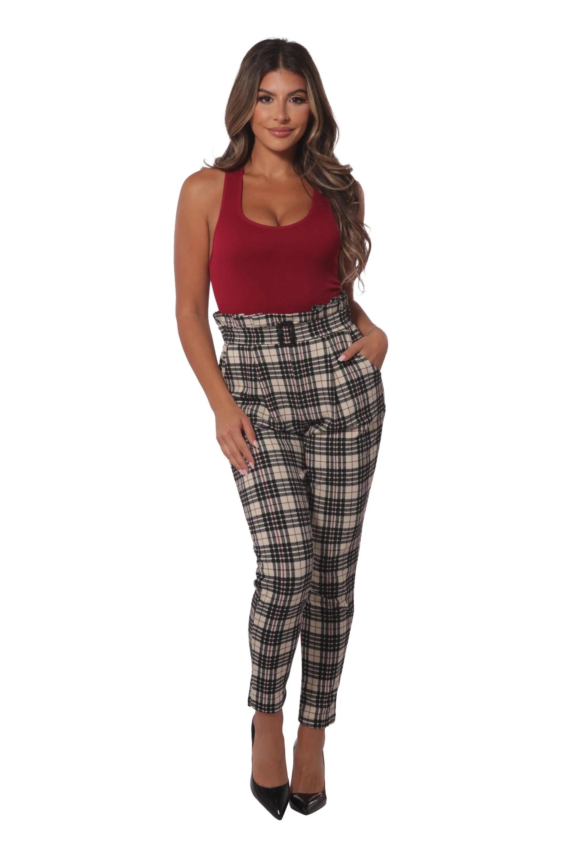 Paperbag Waist Knit Crepe Pleat Pants With Buckle Belt - Cream, Black, Red Plaid