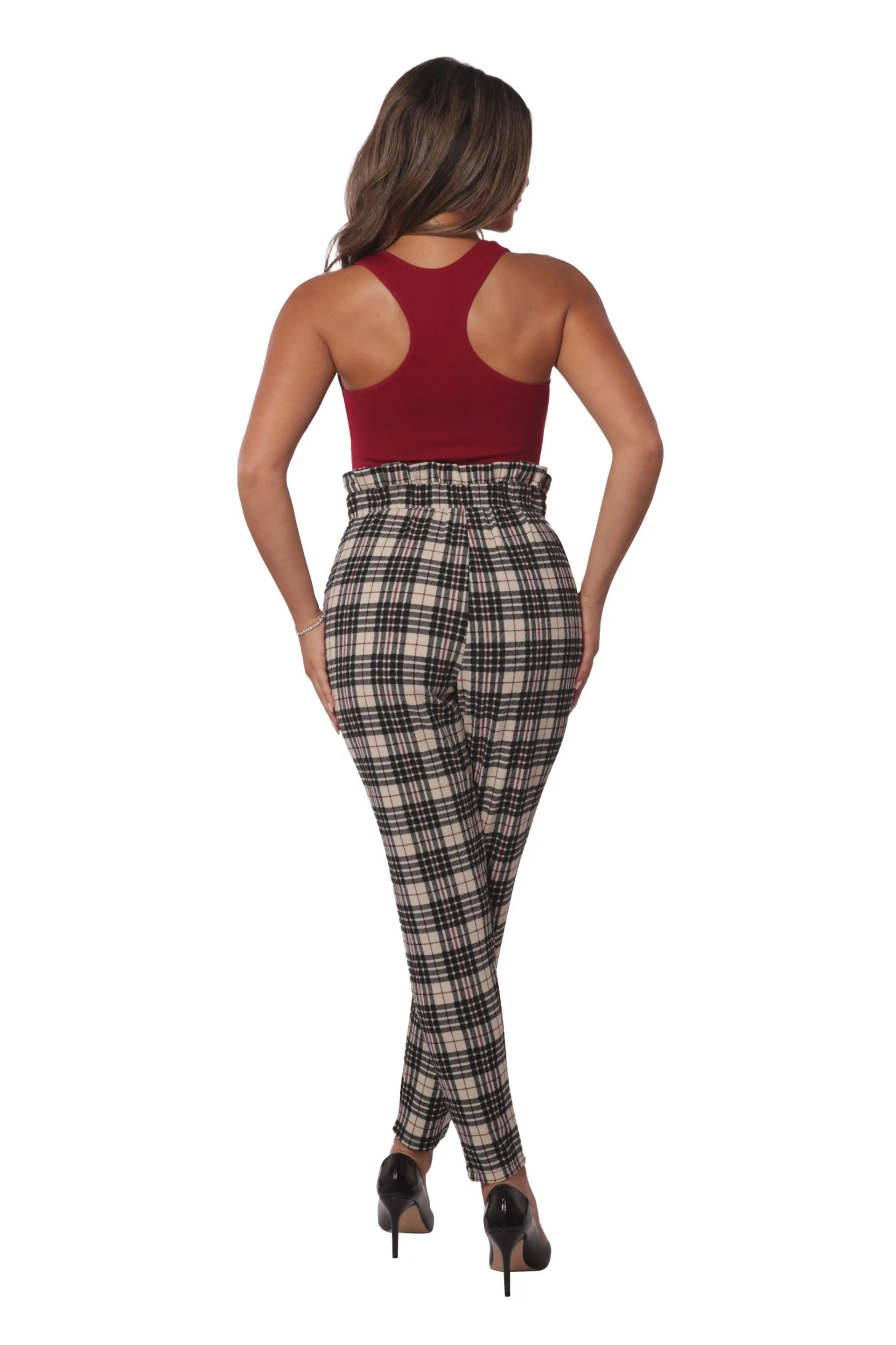 Paperbag Waist Knit Crepe Pleat Pants With Buckle Belt - Cream, Black, Red Plaid