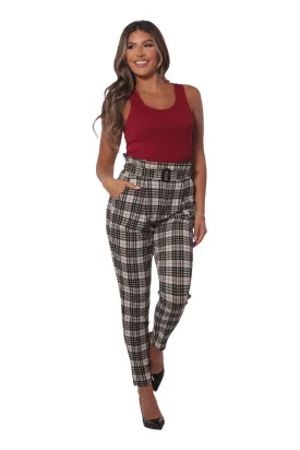 Paperbag Waist Knit Crepe Pleat Pants With Buckle Belt - Cream, Black, Red Plaid