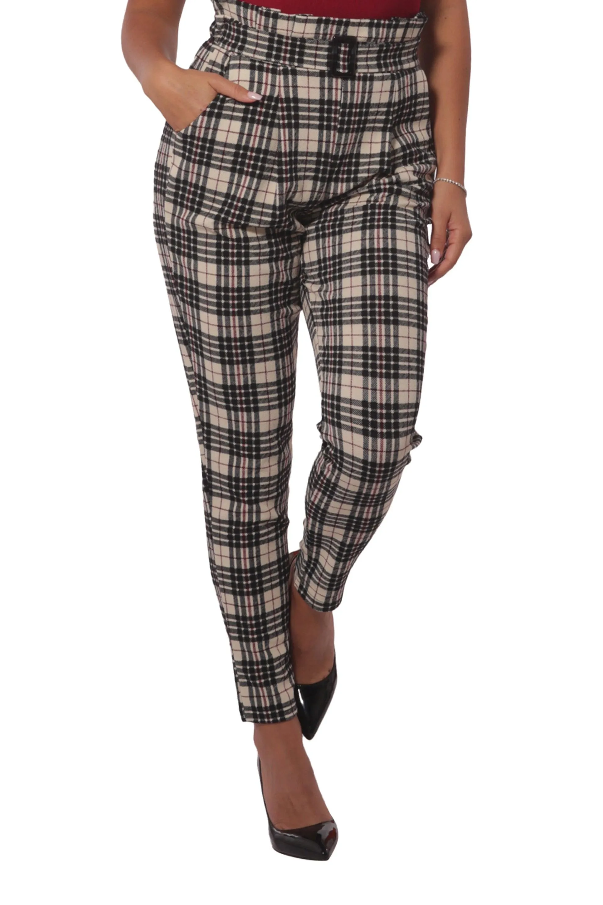 Paperbag Waist Knit Crepe Pleat Pants With Buckle Belt - Cream, Black, Red Plaid