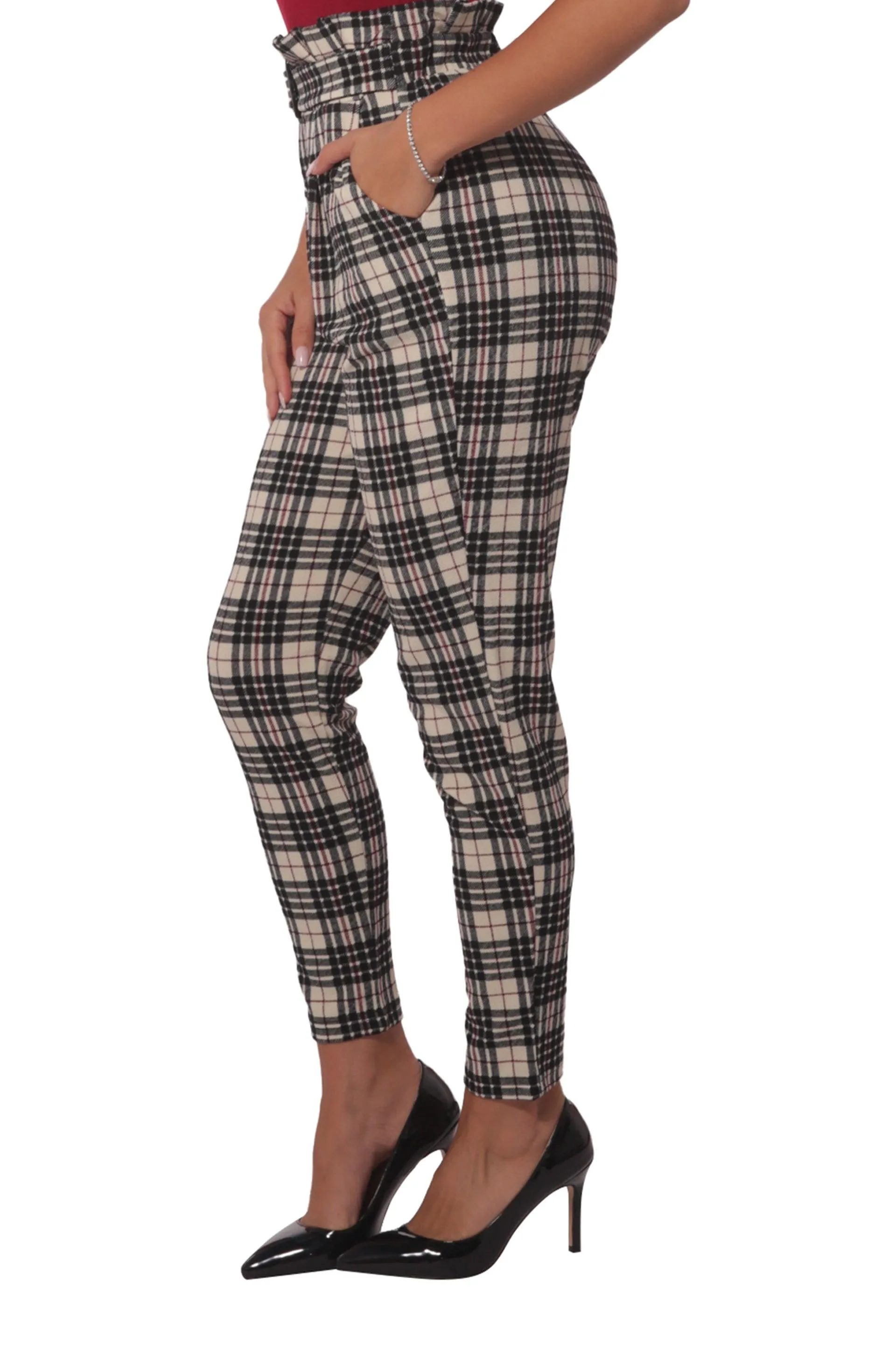 Paperbag Waist Knit Crepe Pleat Pants With Buckle Belt - Cream, Black, Red Plaid