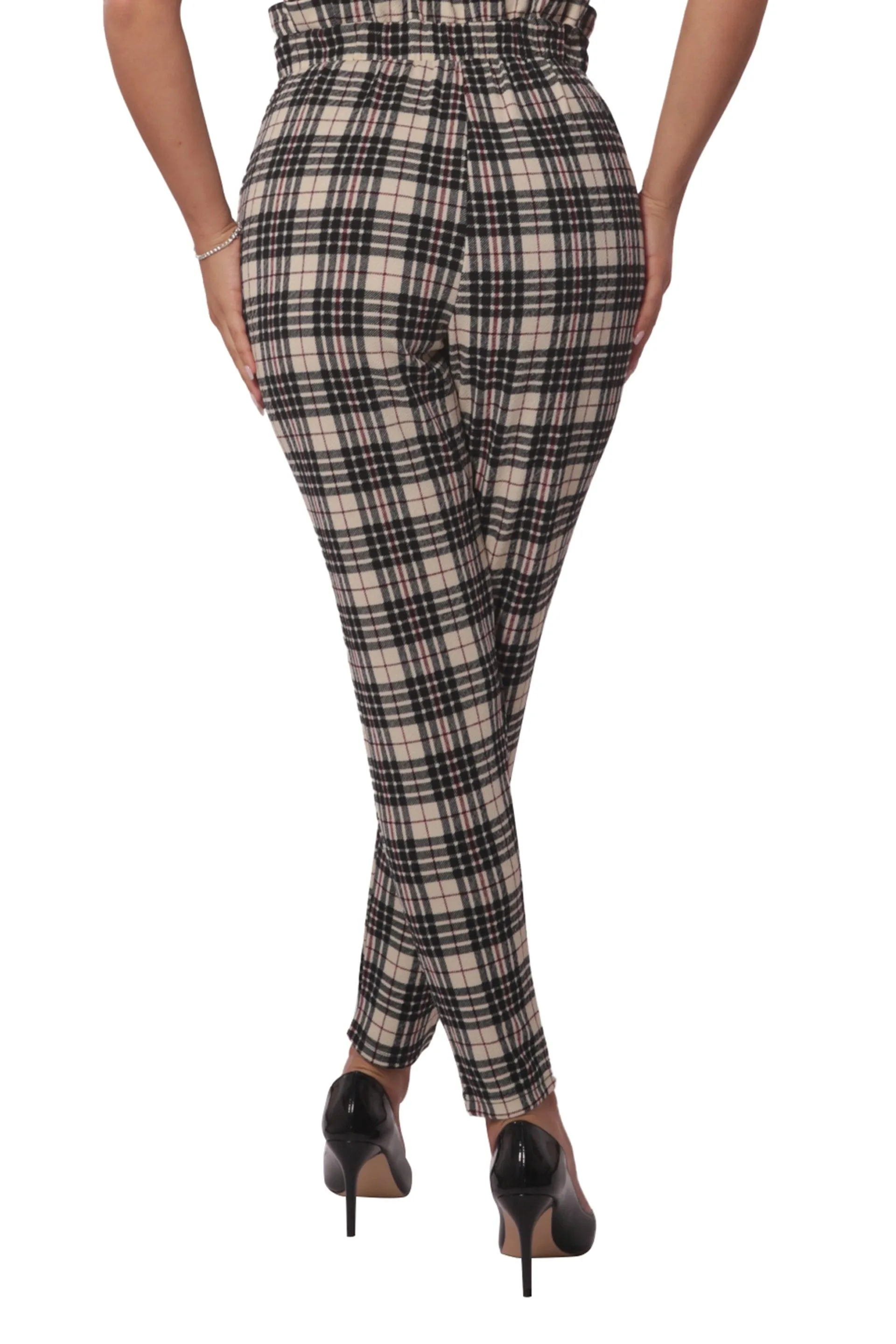 Paperbag Waist Knit Crepe Pleat Pants With Buckle Belt - Cream, Black, Red Plaid